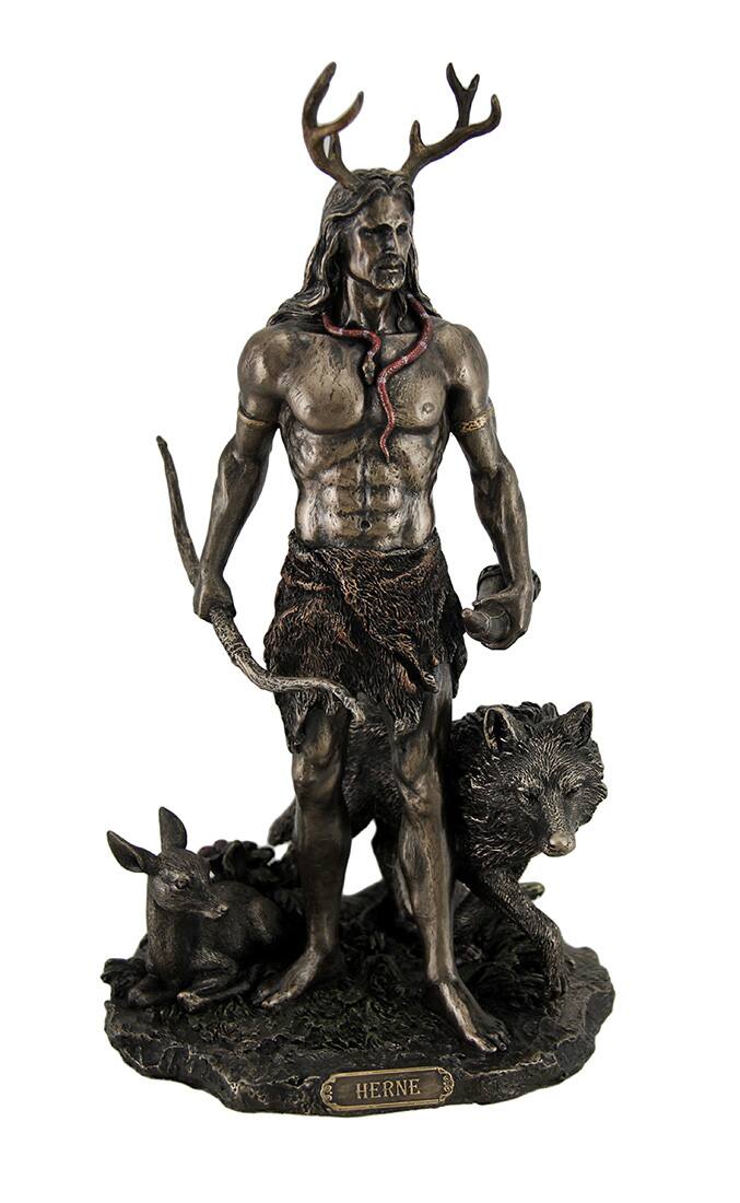 Front. Veronese Design - Herne the Spirit Hunter of Windsor Forest Standing With Deer and Wolf - Bronze.