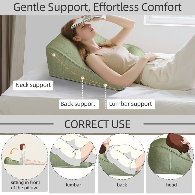 Gentle Support, Effortless Comfort

- Neck support
- Back support
- Lumbar support

CORRECT USE

- sitting in front of the pillow
- lumbar
- back
- head