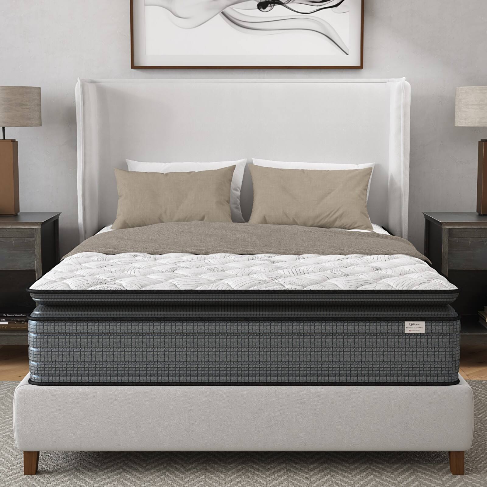 Front. Glintex - King 14 Inch Hybrid Pillow Top Mattress in a Box, Medium Firm Support, CertiPUR-US Certified, Made in USA - Grey+White.