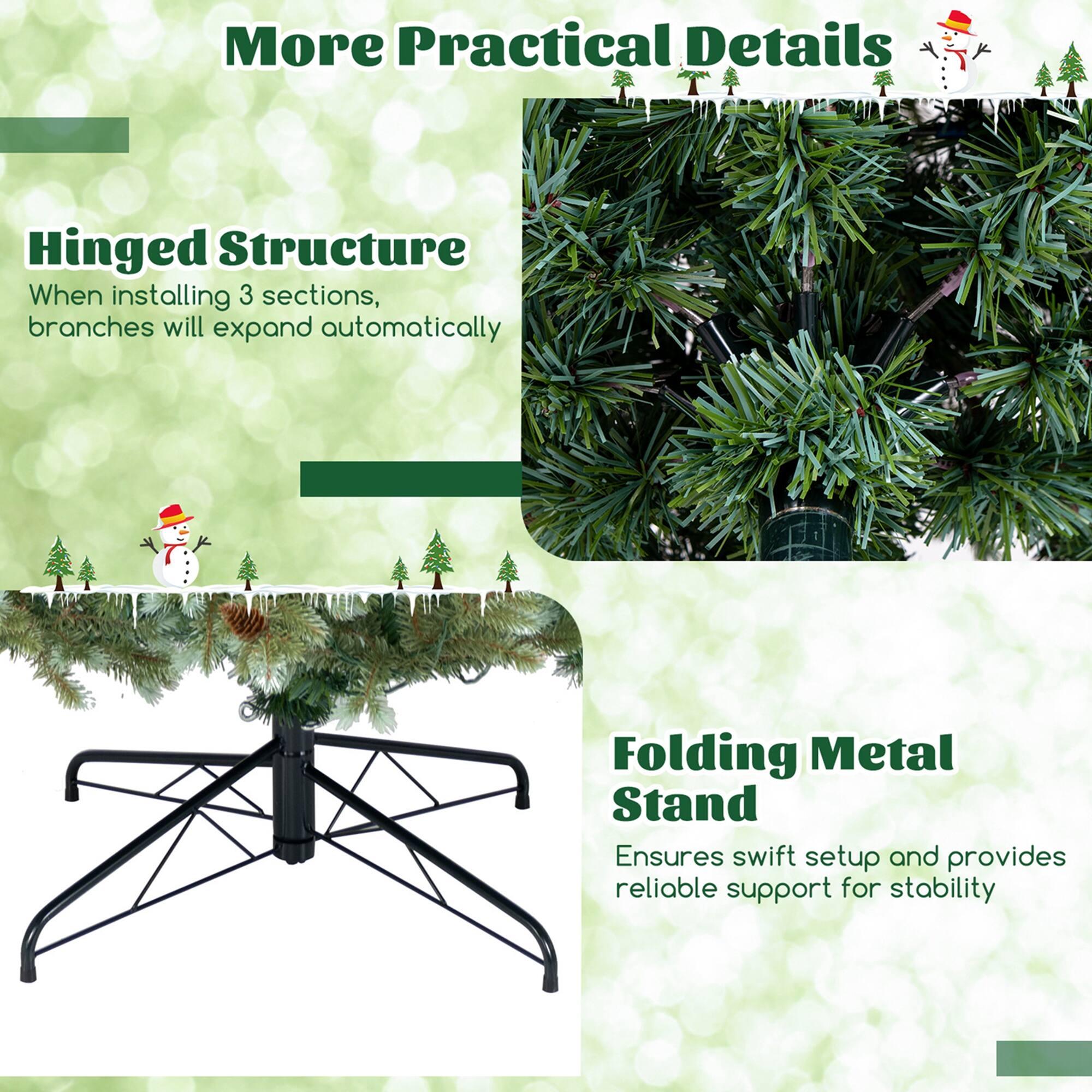More Practical Details
Hinged Structure
When installing 3 sections, branches will expand automatically
Folding Metal Stand
Ensures swift setup and provides reliable support for stability