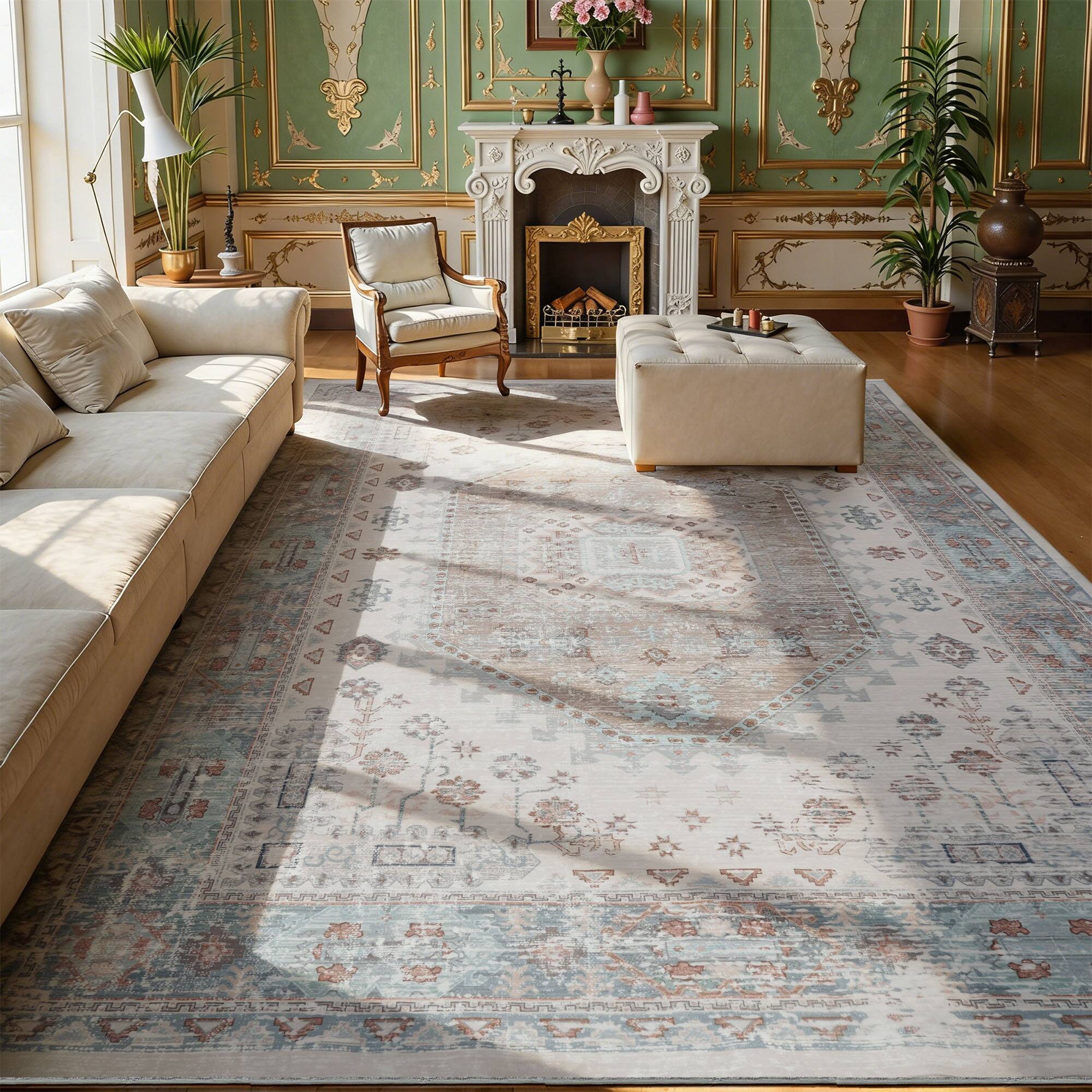 Angle. RYHNUYNE - Washable Rugs 8x10 Area Rugs for Living Room, Stain Resistant Thin Carpe, Turquoise Soft Rugs for Nursery Home Office - Turquoise.