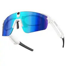 Front. PRIMEPLUS - POV AI Smart Glasses 8MP Camera Video Recording Outdoor Cycling AI Translation Music Player Sport Smart Sunglasses - White frames/blue lenses.