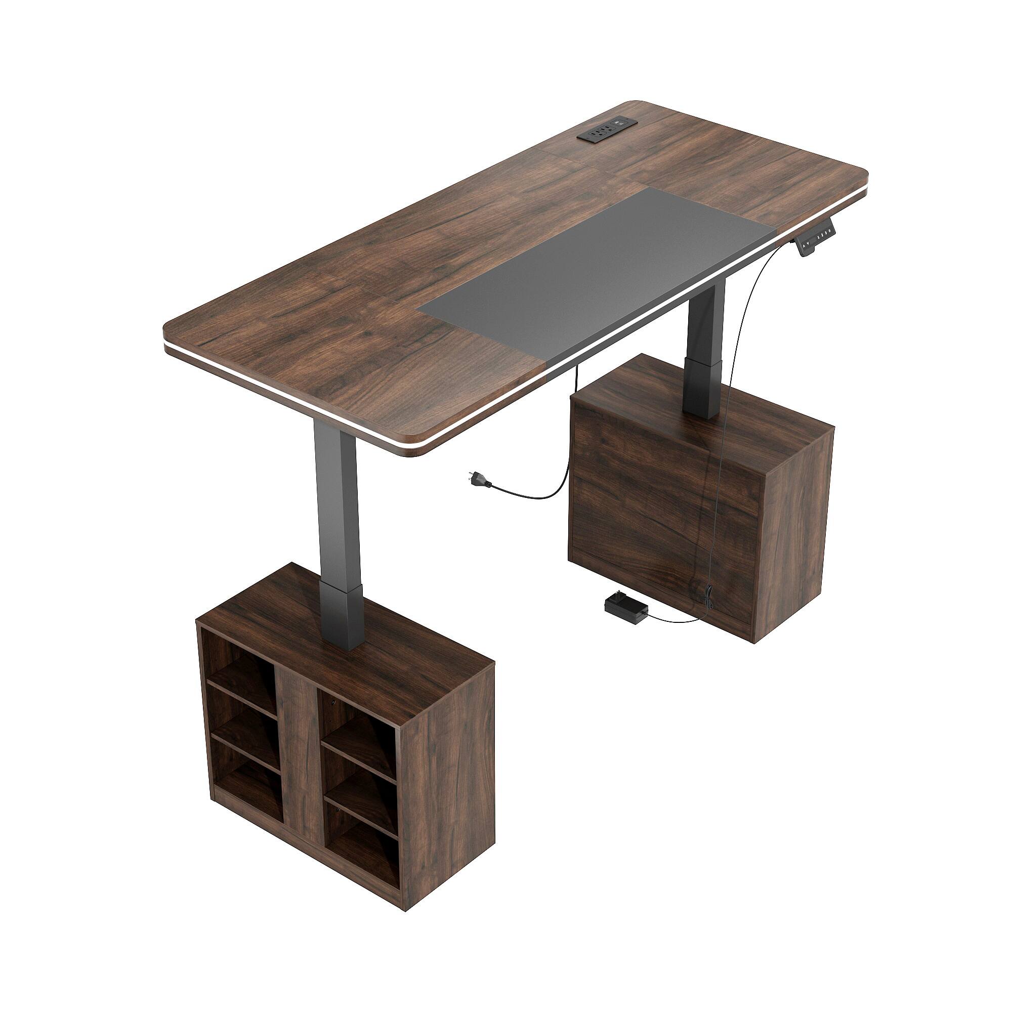 Alt View 8. Famapy - Electric Height Adjustable Desk with RGB Light & Dual Storage –Swappable Cabinets,2AC+3USB Outlet,Sit Stand Workstation - Walnut.