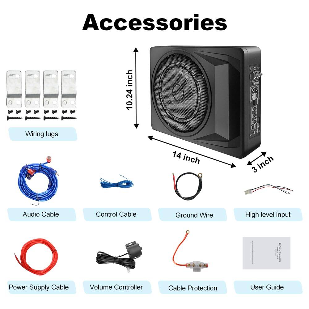 Accessories

- Wiring lugs
- Audio Cable
- Control Cable
- Ground Wire
- High level input
- Power Supply Cable
- Volume Controller
- Cable Protection
- User Guide

Dimensions:
- 10.24 inch
- 14 inch
- 3 inch