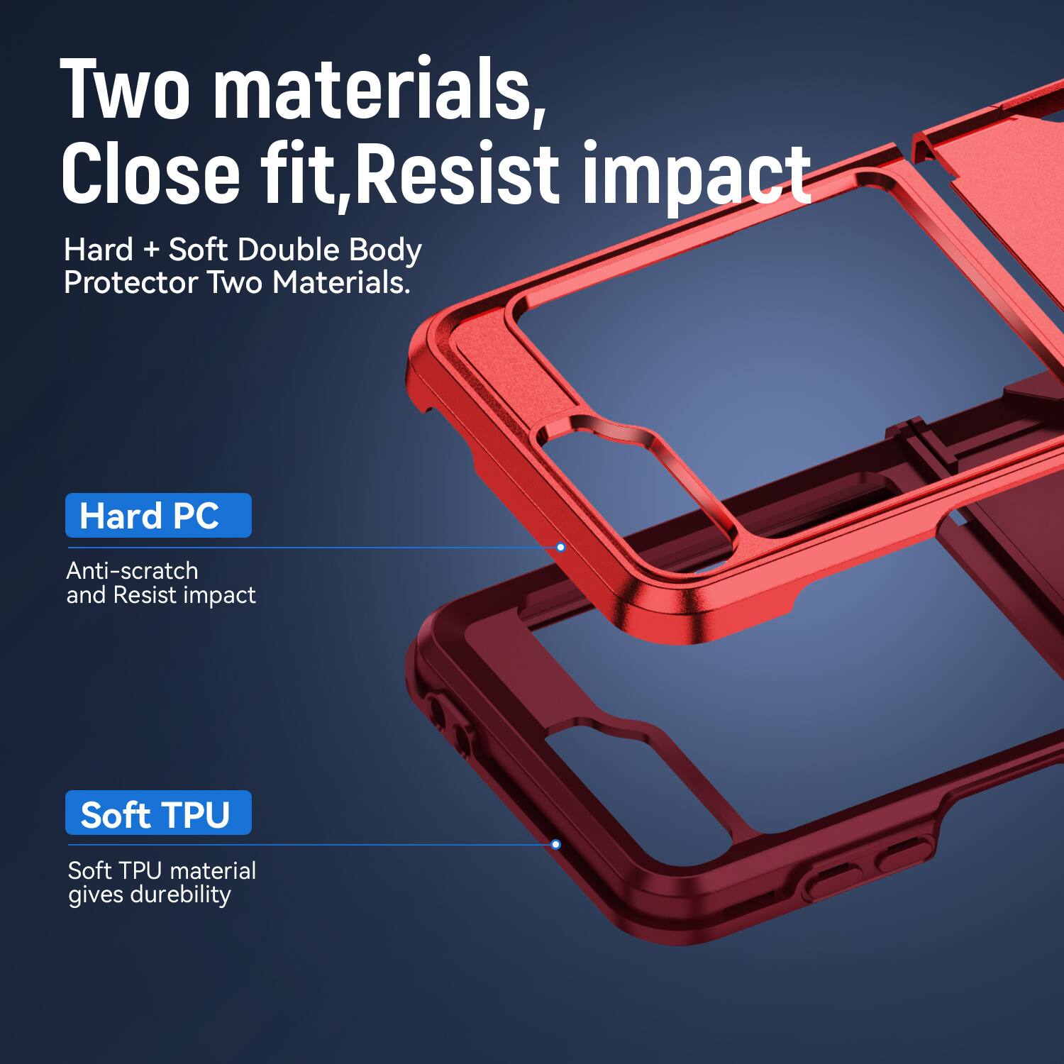 Two materials, Close fit, Resist impact  
Hard + Soft Double Body Protector Two Materials.  
Hard PC  
Anti-scratch and Resist impact  
Soft TPU  
Soft TPU material gives durability