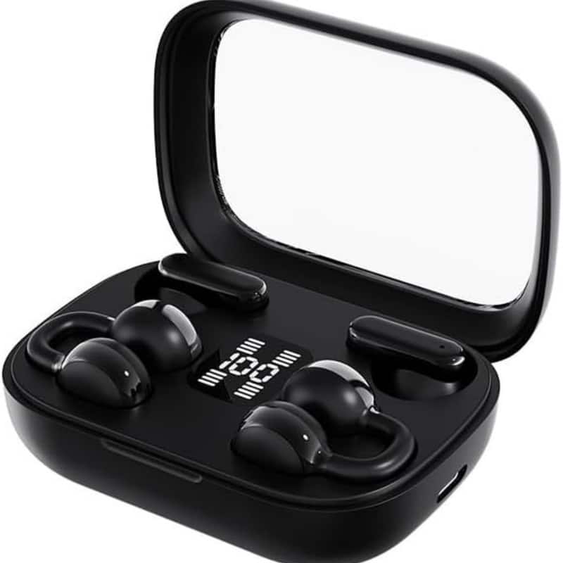 SKRAN - 2-in-1 Ear Clip and semi-in-Ear 2 Pairs of Headphones with Intelligent Digital Display,for Sports, Office, Travel - Black