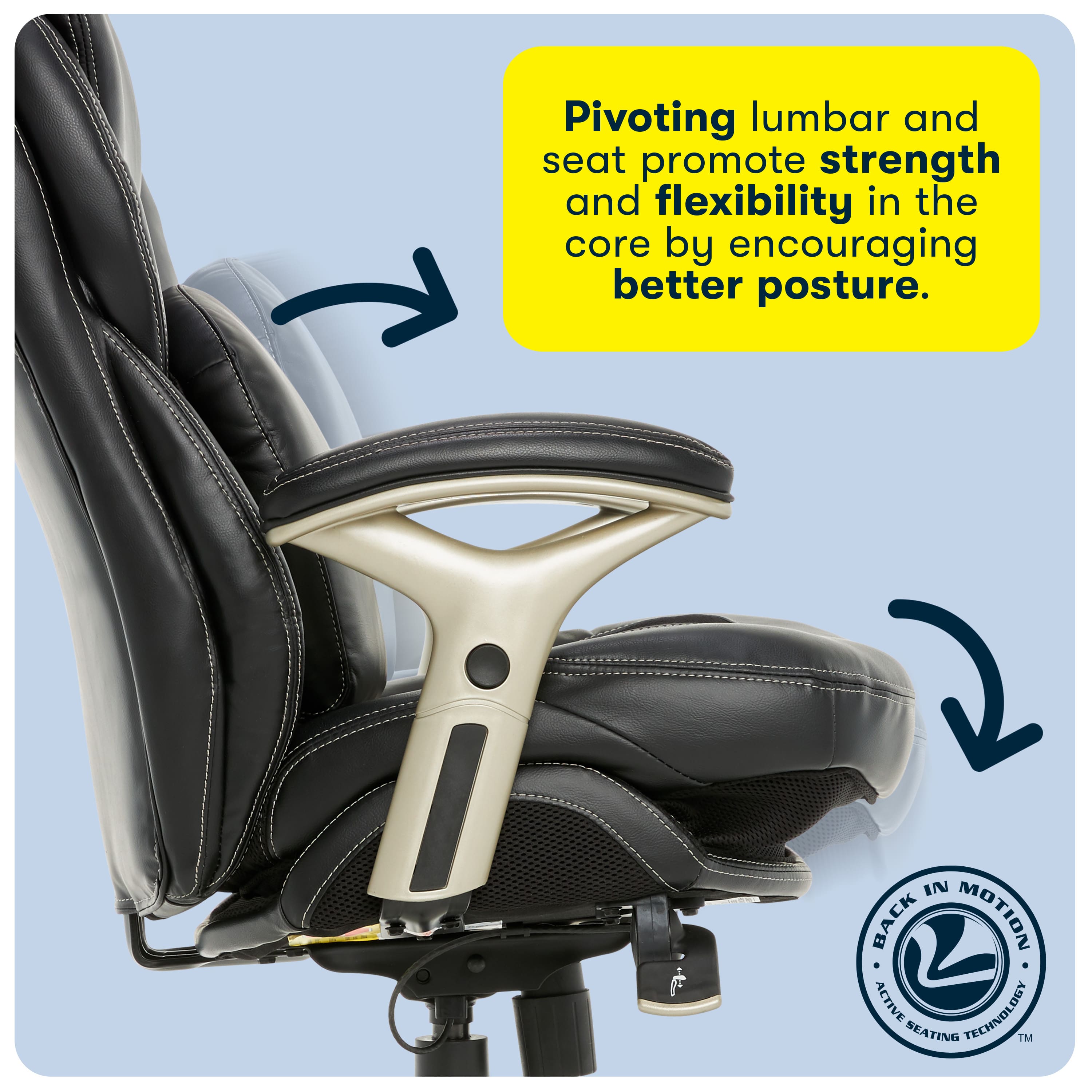The image features a black office chair with a gold armrest. The chair is designed to promote strength and flexibility in the core by encouraging better posture. The chair is equipped with pivoting lumbar and seat technology, which helps in improving the user's posture and overall comfort. The chair is labeled as "IN BACK MOTION ACTIVE TECHNOLOGY SEATING TM," indicating that it is a specialized seating solution for office environments.