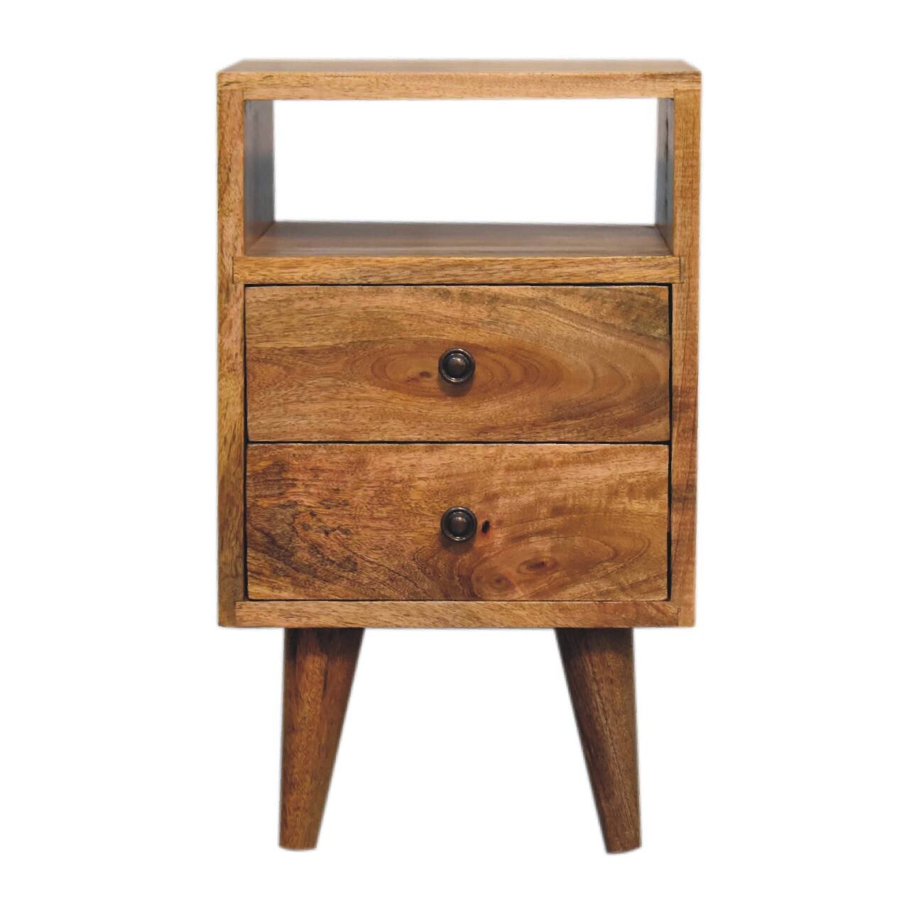 Front. Artisan Furniture - Artisan Furniture Solid Wood Mini Oak-ish Classic Open Nightstand, 2 Drawers, 1 Open Slot, Nordic Legs, Light Brown - Oak.
