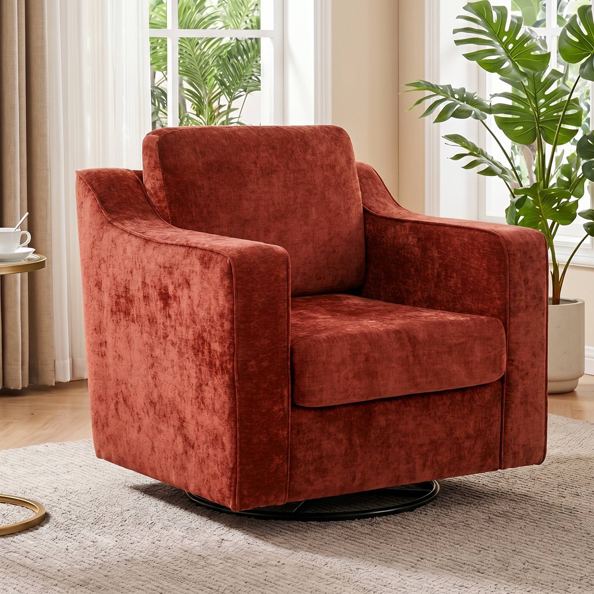 Alt View 3. KERDOM - Modern Swivel Accent Chair, 360° Armchair with Sloped Arm & Thick Cushion, Deep Seat Lounge Chair for Living Room Office - Brown.