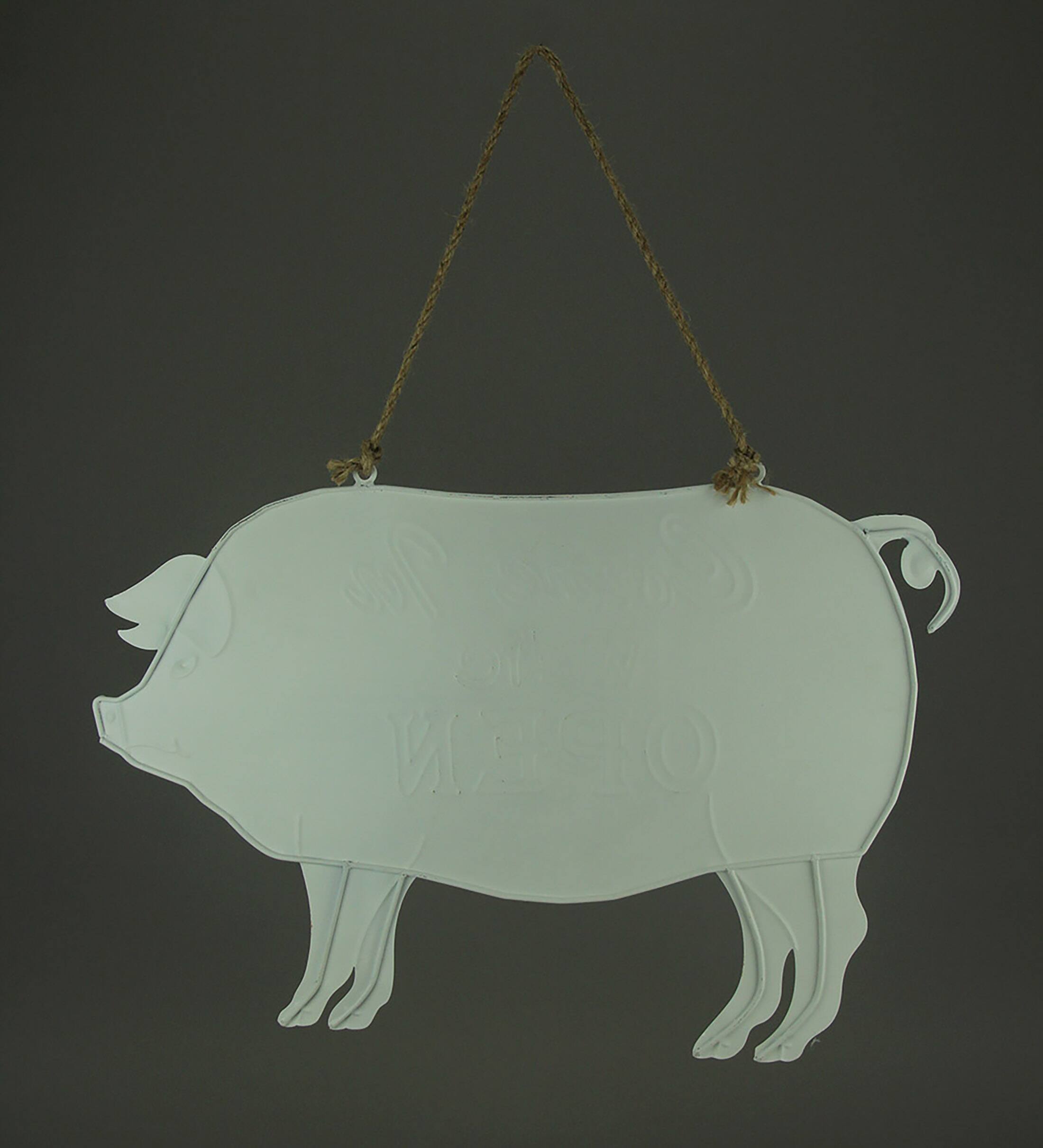 Alt View 2. Direct International - Weathered White Enamelware Farmhouse Pig Open Sign - White.