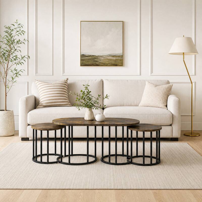 Angle. WELLFOR - Set of 3 Nesting Coffee Table with Metal Frame, Center Table End Tables for Apartment Home Office - Rustic Brown.