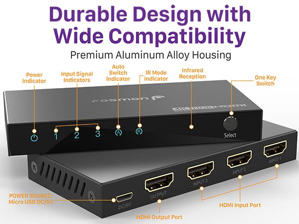 Durable Design with Wide Compatibility, Premium Aluminum Alloy Housing, Auto Switch Indicator, IR Mode Indicator, Infrared Reception, One Key Switch, Power Indicator, Input Signal Indicators, cosmon pITEE, 1, 2, 3, A, R, Select, POWER SOURCE: Micro USB DC/5V, OUTPUT DC/5V, HDMI Output Port, INPUT3, INPUT1, INPUT2, HDMI Input Port
