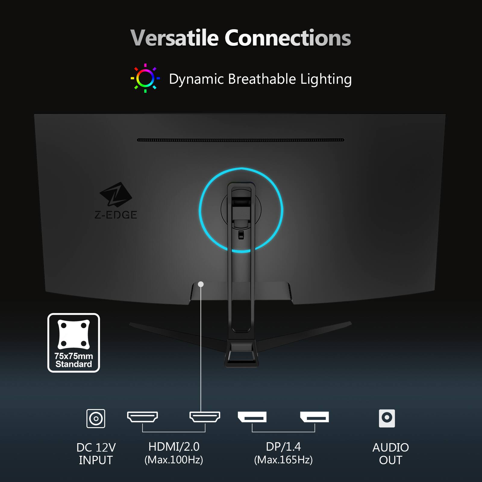 Versatile Connections  
Dynamic Breathable Lighting  

Z-EDGE  
75x75mm Standard  
DC 12V INPUT  
HDMI/2.0 (Max. 100Hz)  
DP/1.4 (Max. 165Hz)  
AUDIO OUT