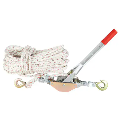 Front. VEVOR - Rope Puller, 3/4 Ton (1,653 lbs) Pulling Capacity, with 100' of 0.6" dia. Rope, 2 Hook, Come Along Winch - Silver.