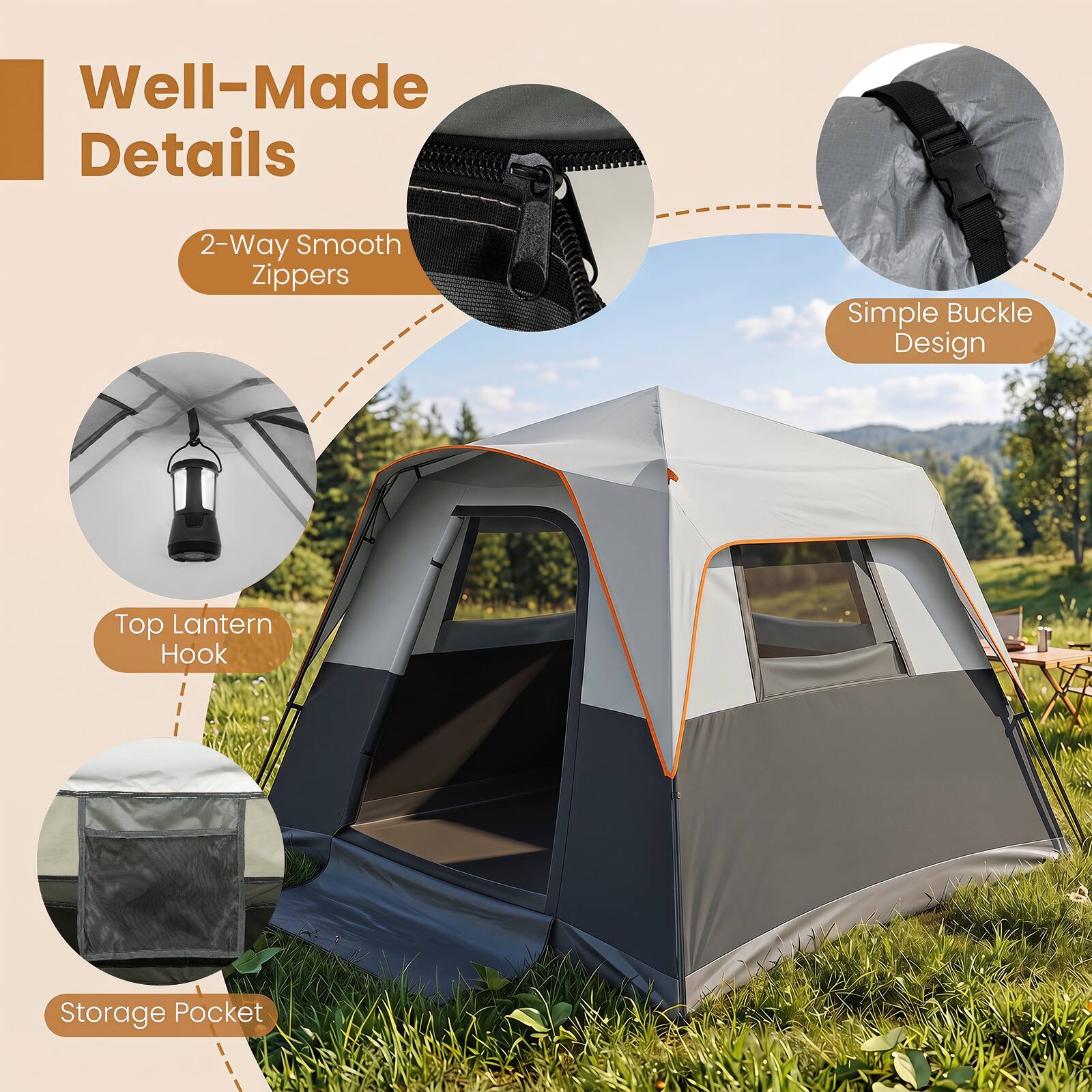 Well-Made Details  
2-Way Smooth Zippers  
Simple Buckle Design  
Top Lantern Hook  
Storage Pocket