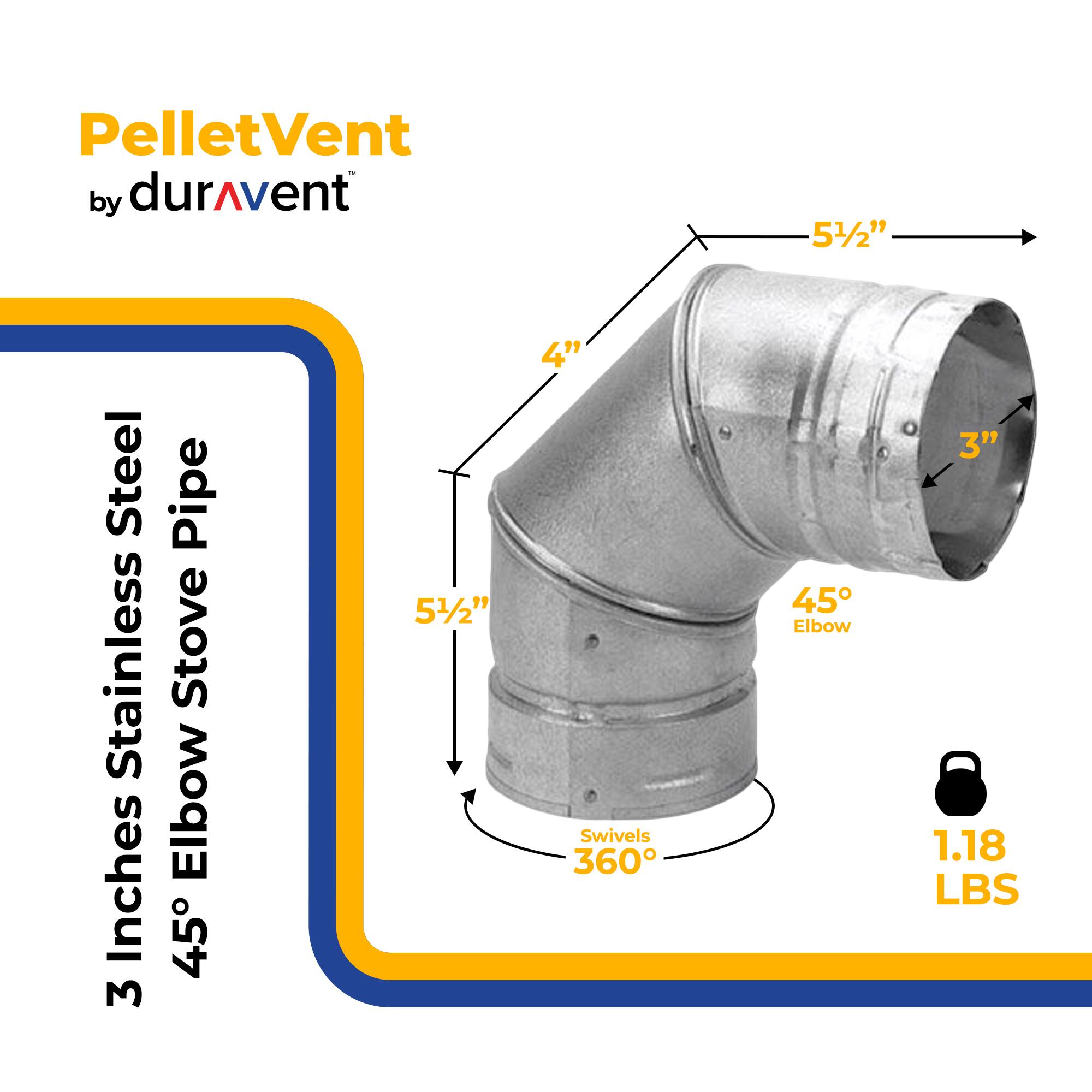PelletVent by durAvent 3 Inches Stainless Steel Stove Pipe 45° Elbow 5 1/2" Swivels 360° 45° Elbow 3" 1.18 LBS