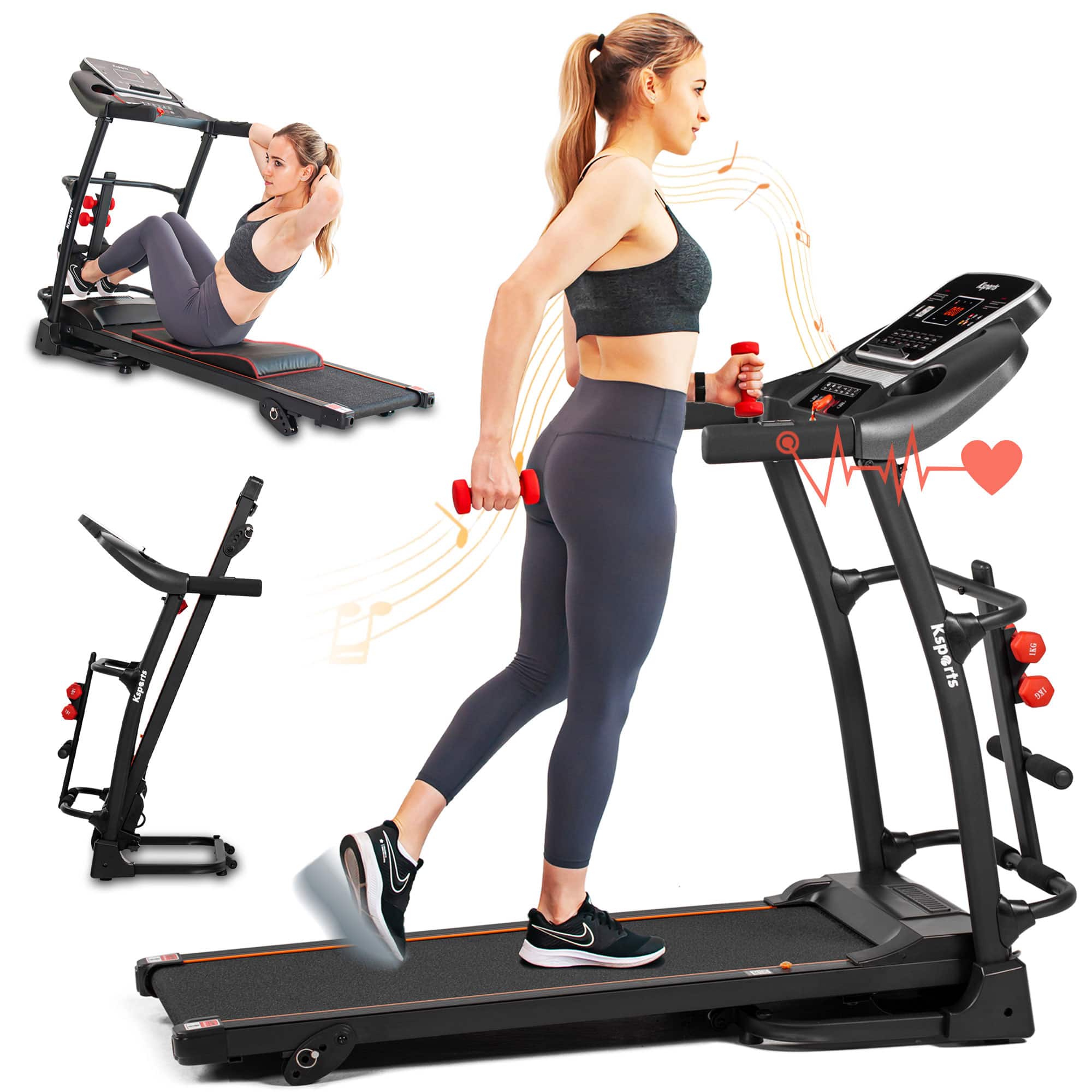 Ksports - 16 Inch Wide Foldable Home Treadmill w/ Bluetooth & Fitness Tracking App - Black