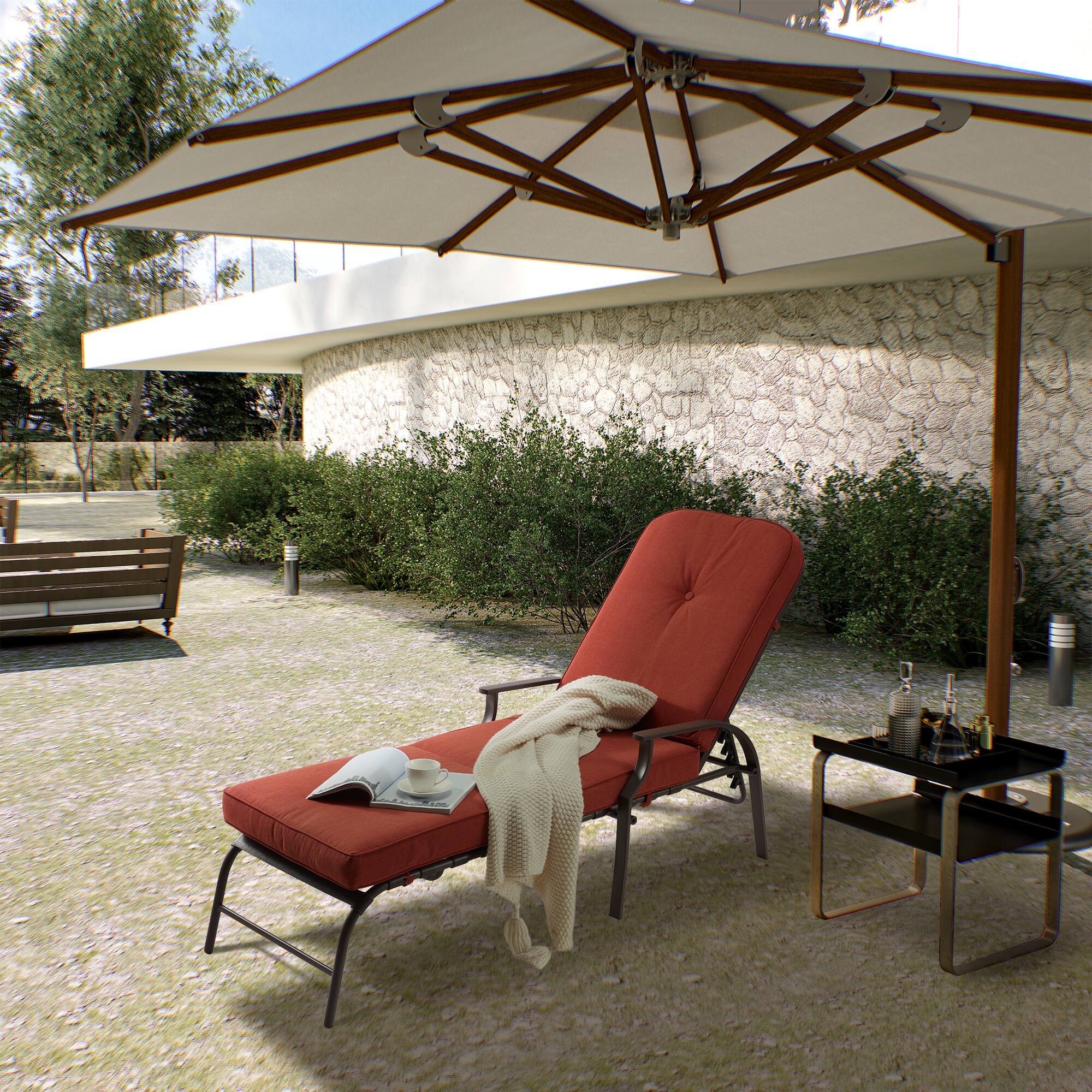 Left. Mondawe - Adjustable Outdoor Chaise Lounge with Armrest and Cushion - Orange Red.