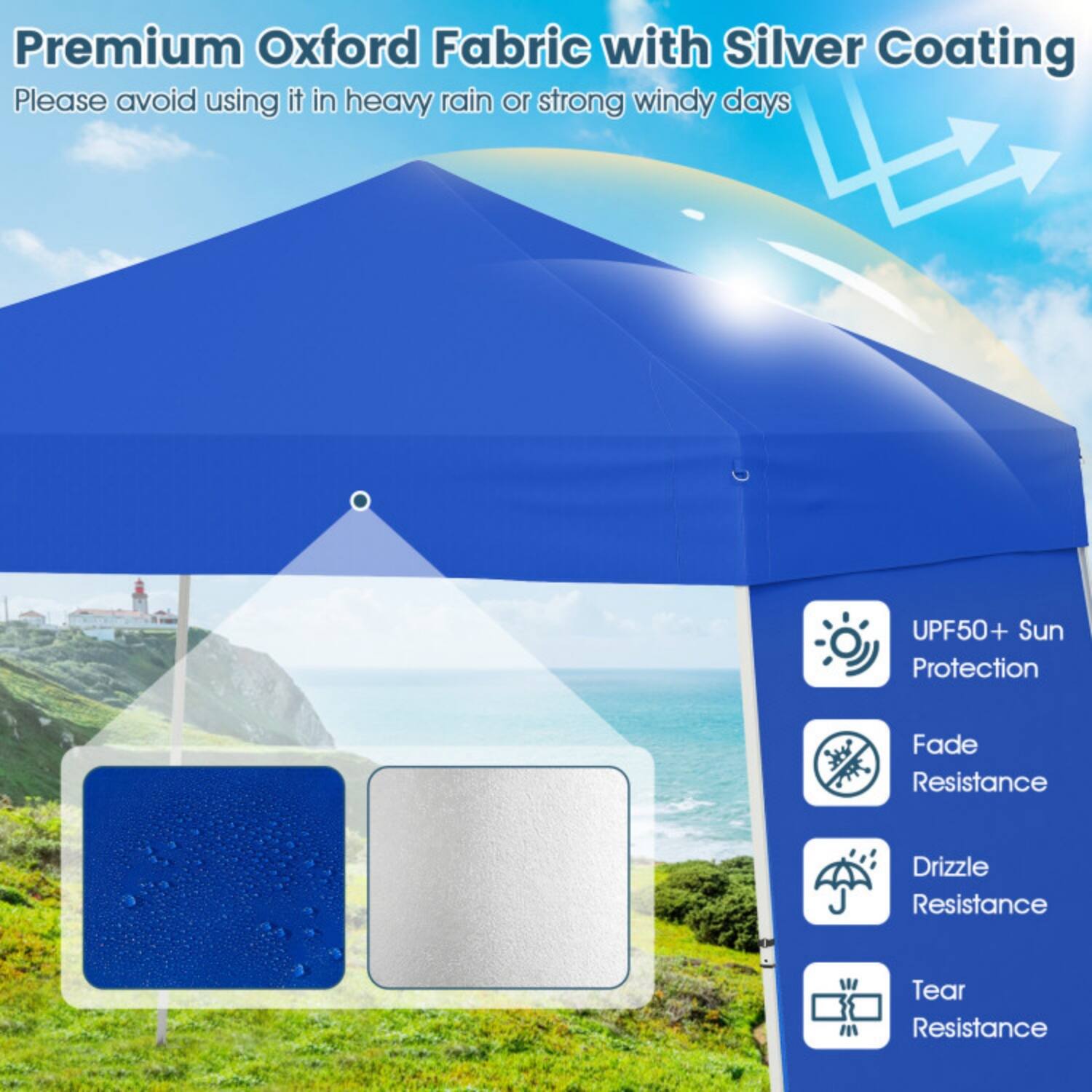Premium Oxford Fabric with Silver Coating  
Please avoid using it in heavy rain or strong windy days  

UPF50+ Sun Protection  
Fade Resistance  
Drizzle Resistance  
Tear Resistance