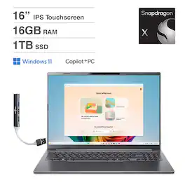 Acer - Aspire 16 AI Laptop 16.0 WUXGA (Qualcomm Snapdragon X X1-26-100, 16GB LPDDR5X, 1TB SSD, Win 11 Home) w/USB Hub - Steel Gray