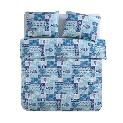 SlickBlue - Beach-Themed 3-Piece Quilt Set with Shells and Coral Patterns - Aqua Blue