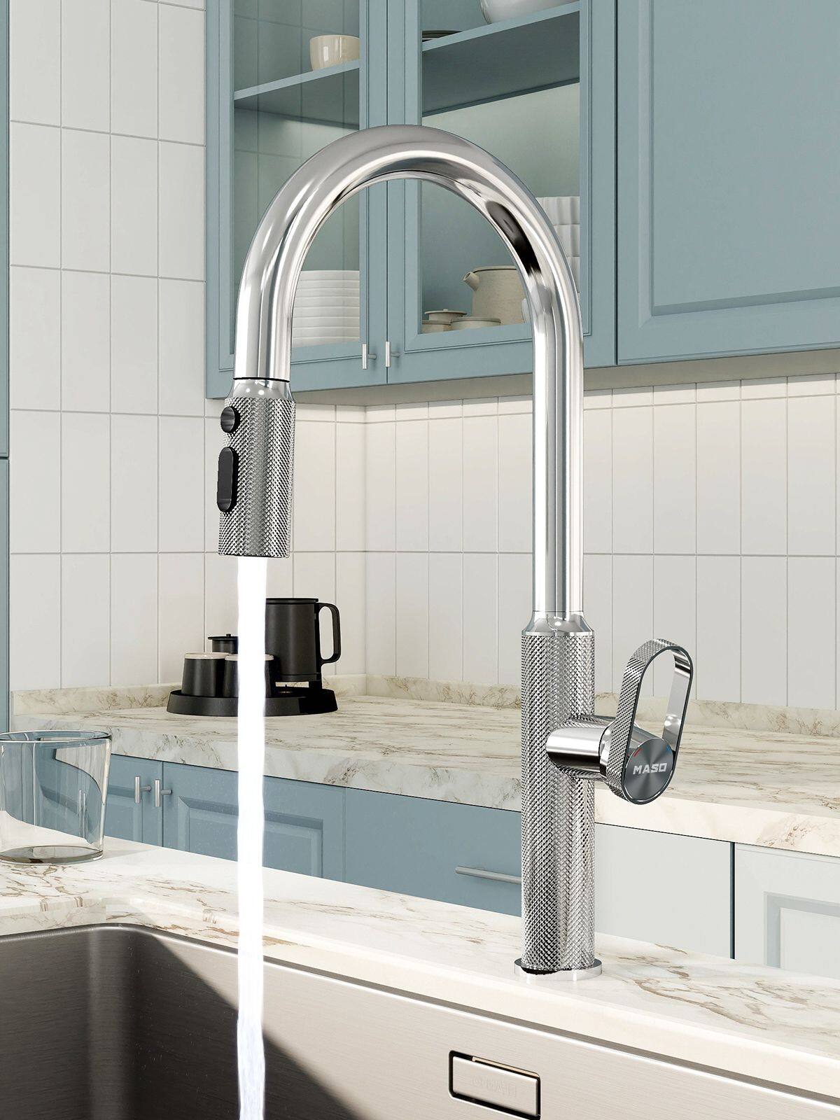 Alt View 7. ENZE - Pull-Out Kitchen Faucet with 360° Swivel Modern Black Rubber Neck Single Handle Single Hole Sink Faucet 2 Spray Modes - Chrome.