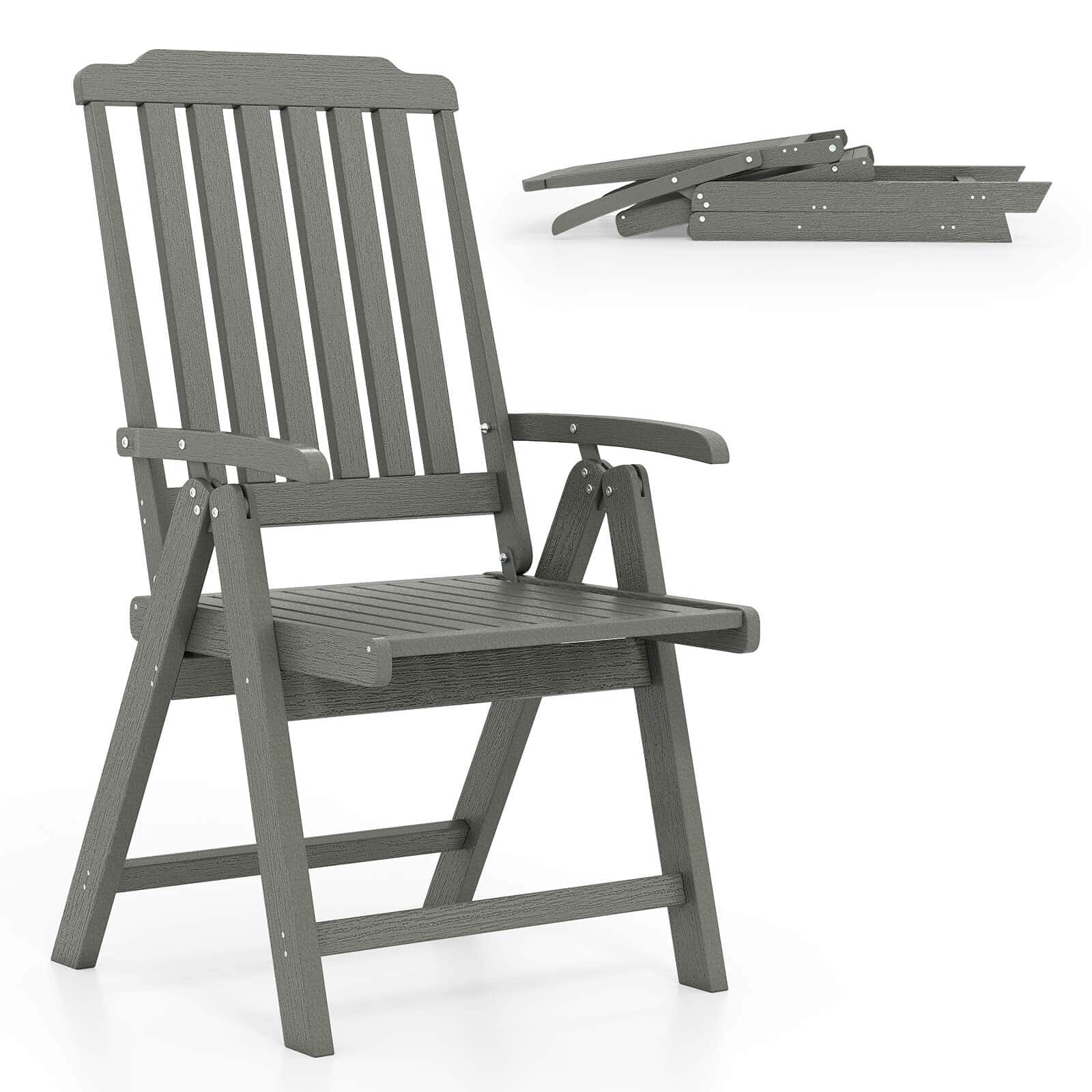 Costway - Foldable Patio Chair with Armrest, Curved Back, Slatted Seat for Backyard Deck - Gray