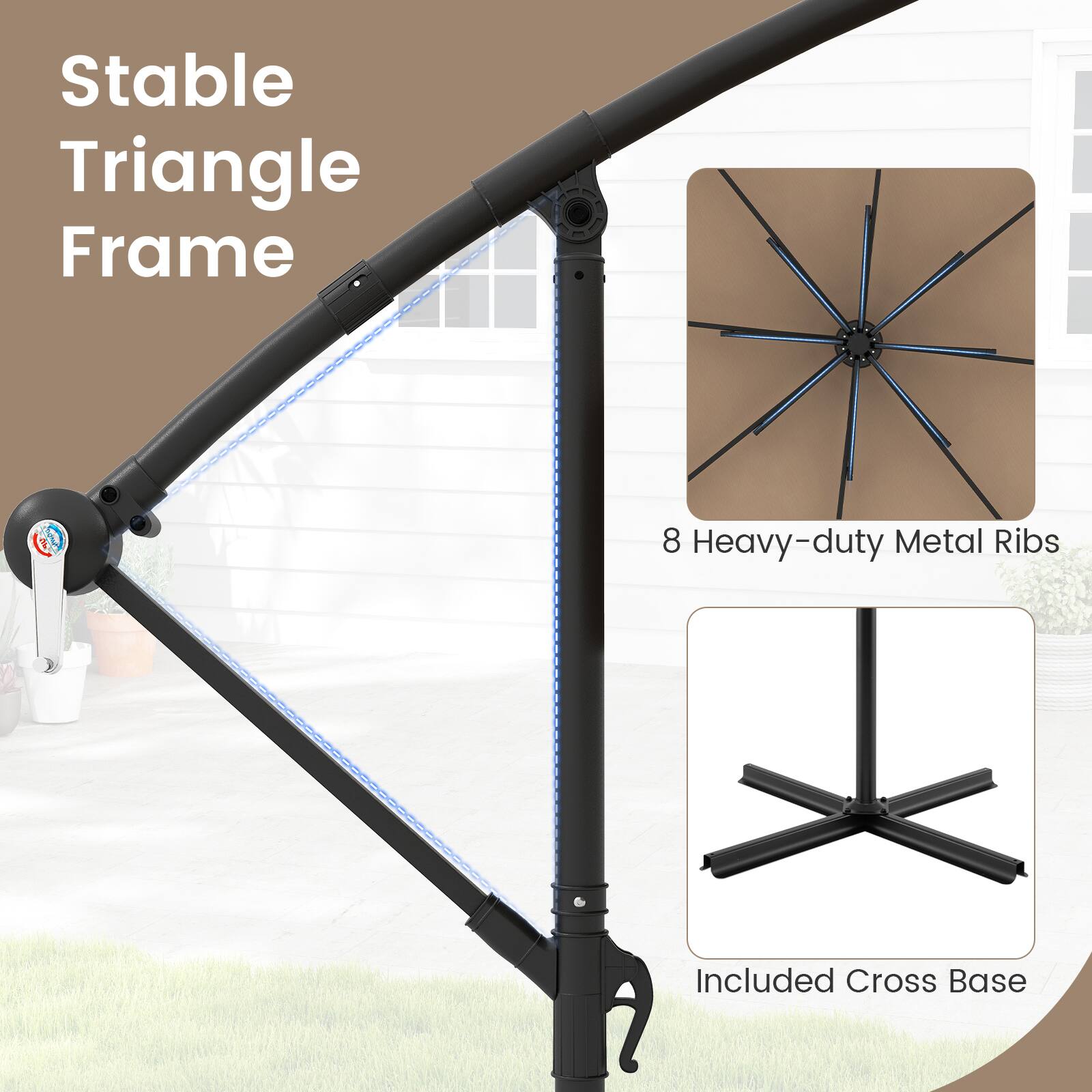 Stable Triangle Frame, 8 Heavy-duty Metal Ribs, Included Cross Base