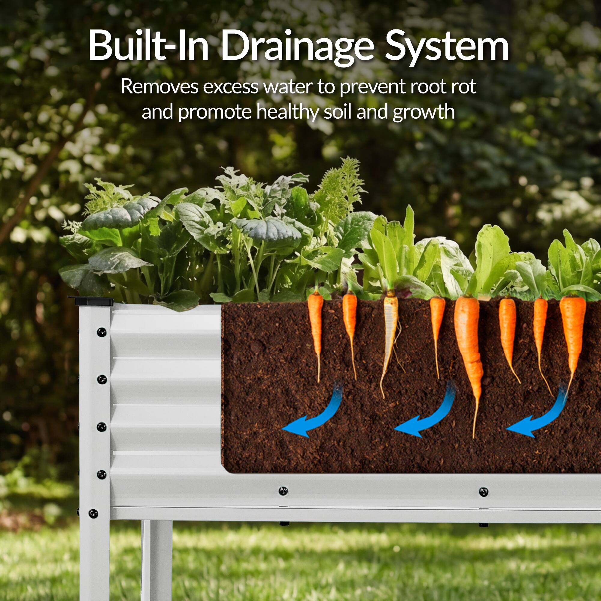 Built-In Drainage System  
Removes excess water to prevent root rot and promote healthy soil and growth