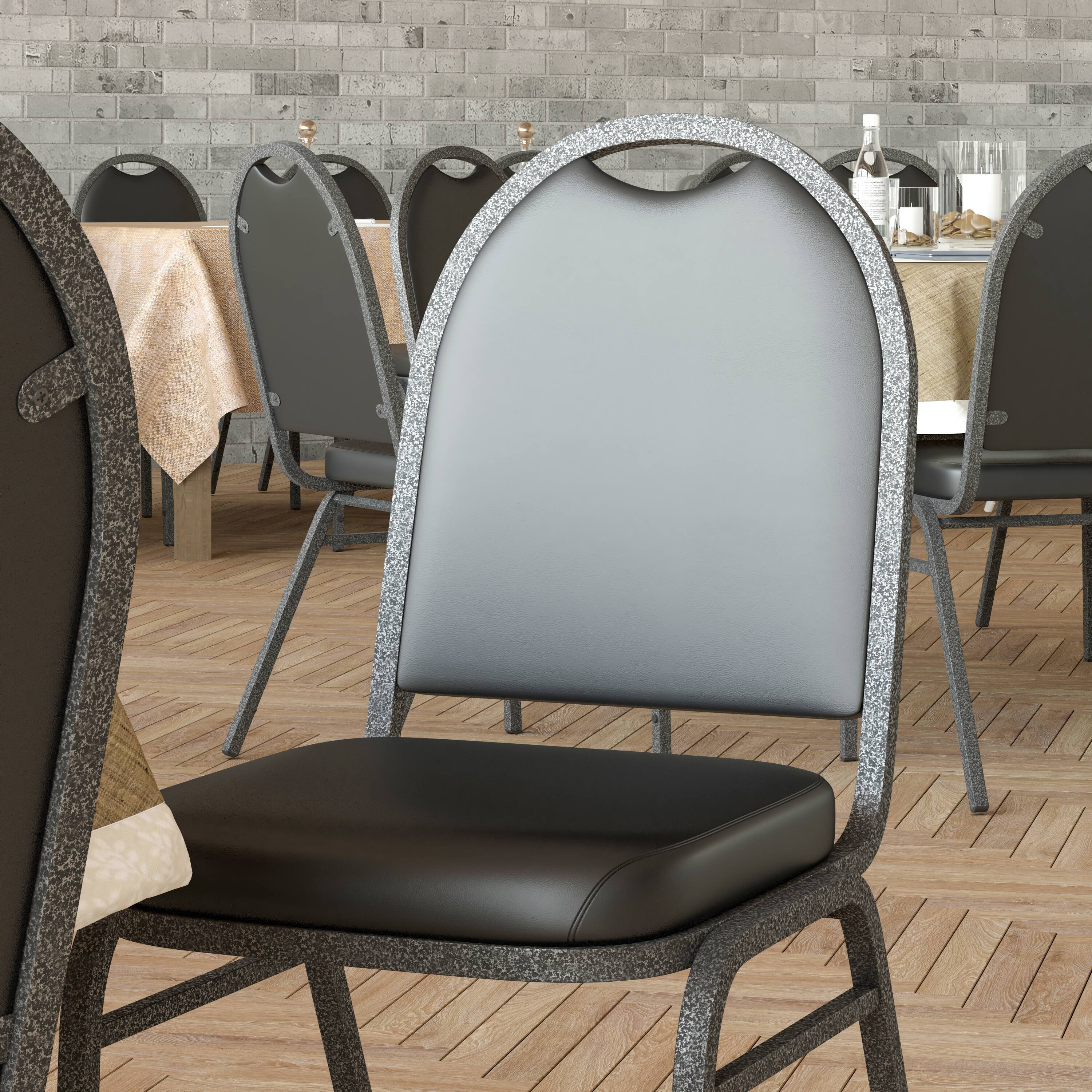 Alt View 5. Emma + Oliver - Dymoke Versatile Dome Back Stacking Banquet Chair - Black Vinyl/Silver Vein Frame.