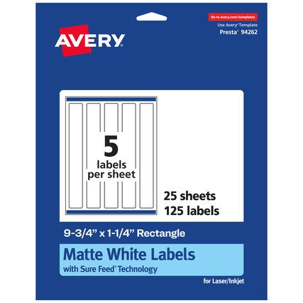 Go to avery.com/templates
AVERY
Use Avery™ Template Presta® 94262
5 labels per sheet
25 sheets
125 labels
9-3/4" x 1-1/4" Rectangle
Matte White Labels with Sure Feed® Technology for Laser/Inkjet