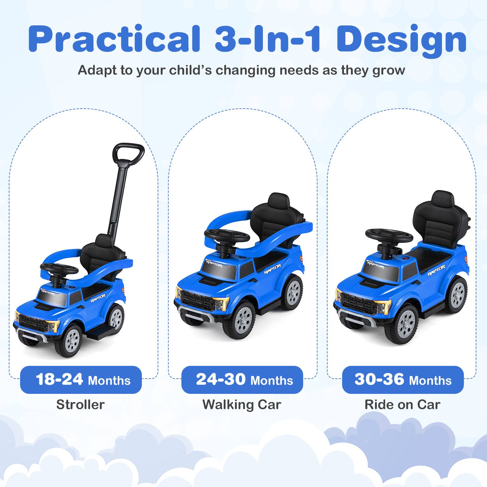 Practical 3-In-1 Design  
Adapt to your child's changing needs as they grow  

18-24 Months  
Stroller  

24-30 Months  
Walking Car  

30-36 Months  
Ride on Car