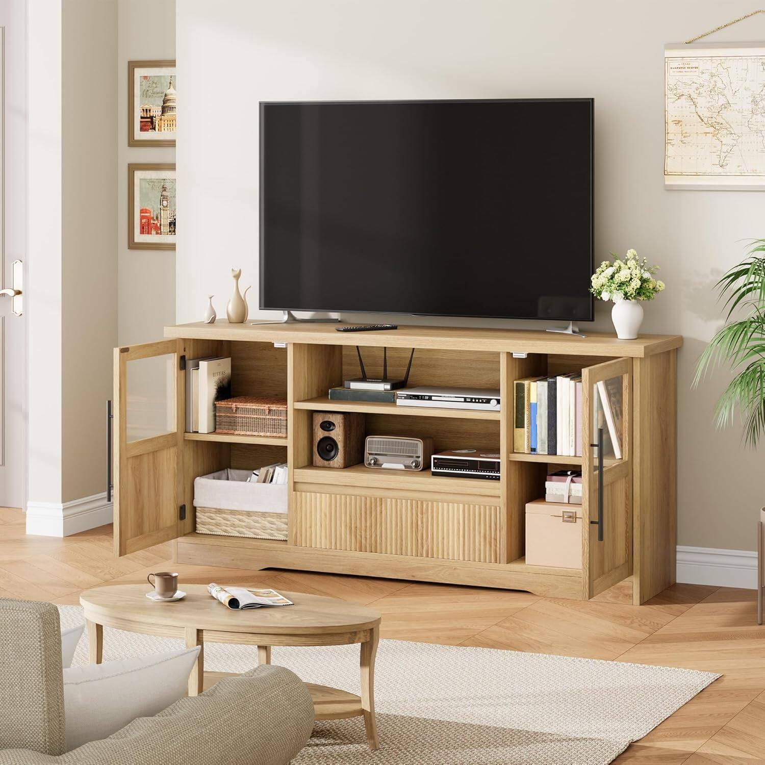 Front. Homhougo - 72" Farmhouse TV Stand with Wave Pattern Entertainment Center Media Console, 2 Glass-Door Cabinets & Open Storage for - Natural.