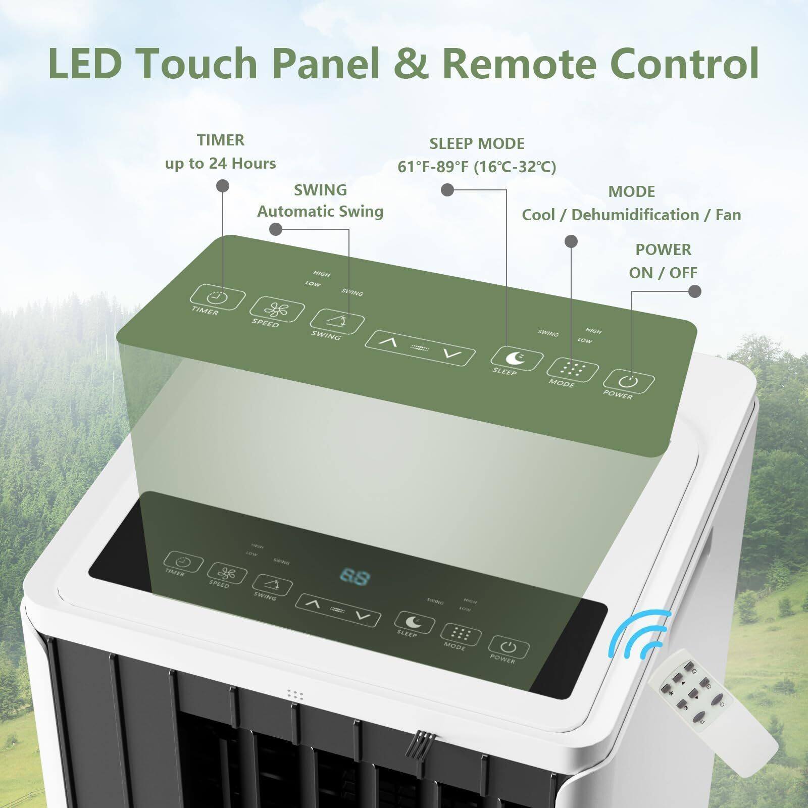 LED Touch Panel & Remote Control

- TIMER up to 24 Hours
- SWING Automatic Swing
- SLEEP MODE 61°F-89°F (16°C-32°C)
- MODE Cool / Dehumidification / Fan
- POWER ON / OFF

Buttons:
- TIMER
- SPEED
- SWING
- SLEEP
- MODE
- POWER