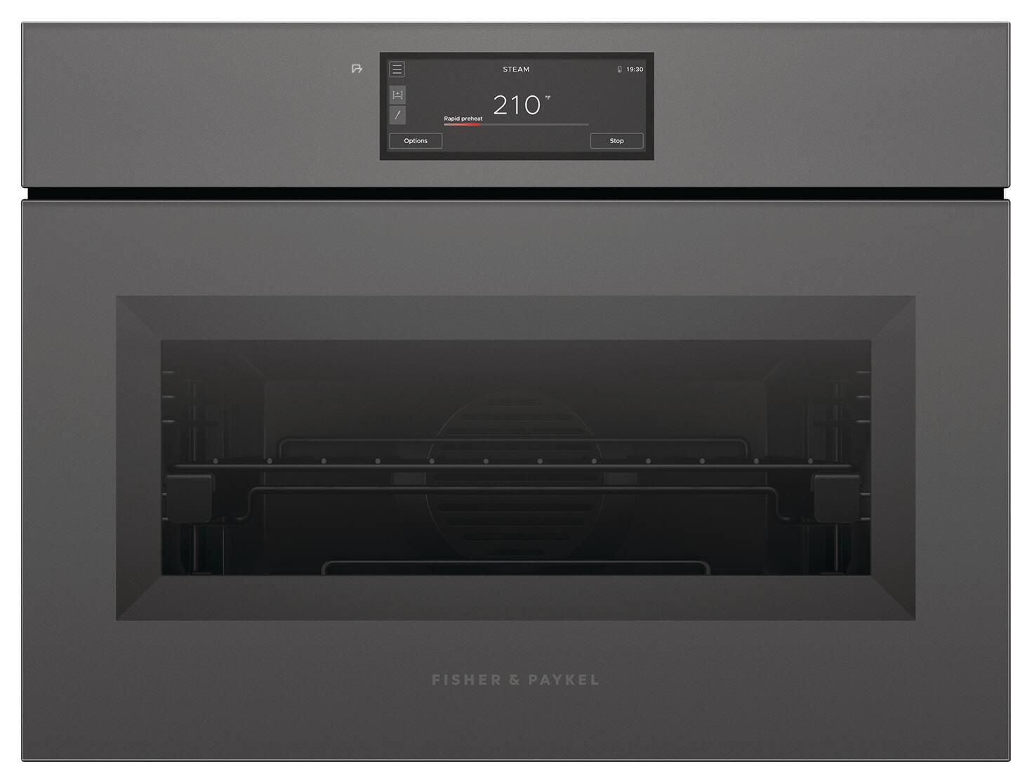 STEAM: 19:30  
210°  
Rapid preheat  
Options Stop  
FISHER & PAYKEL