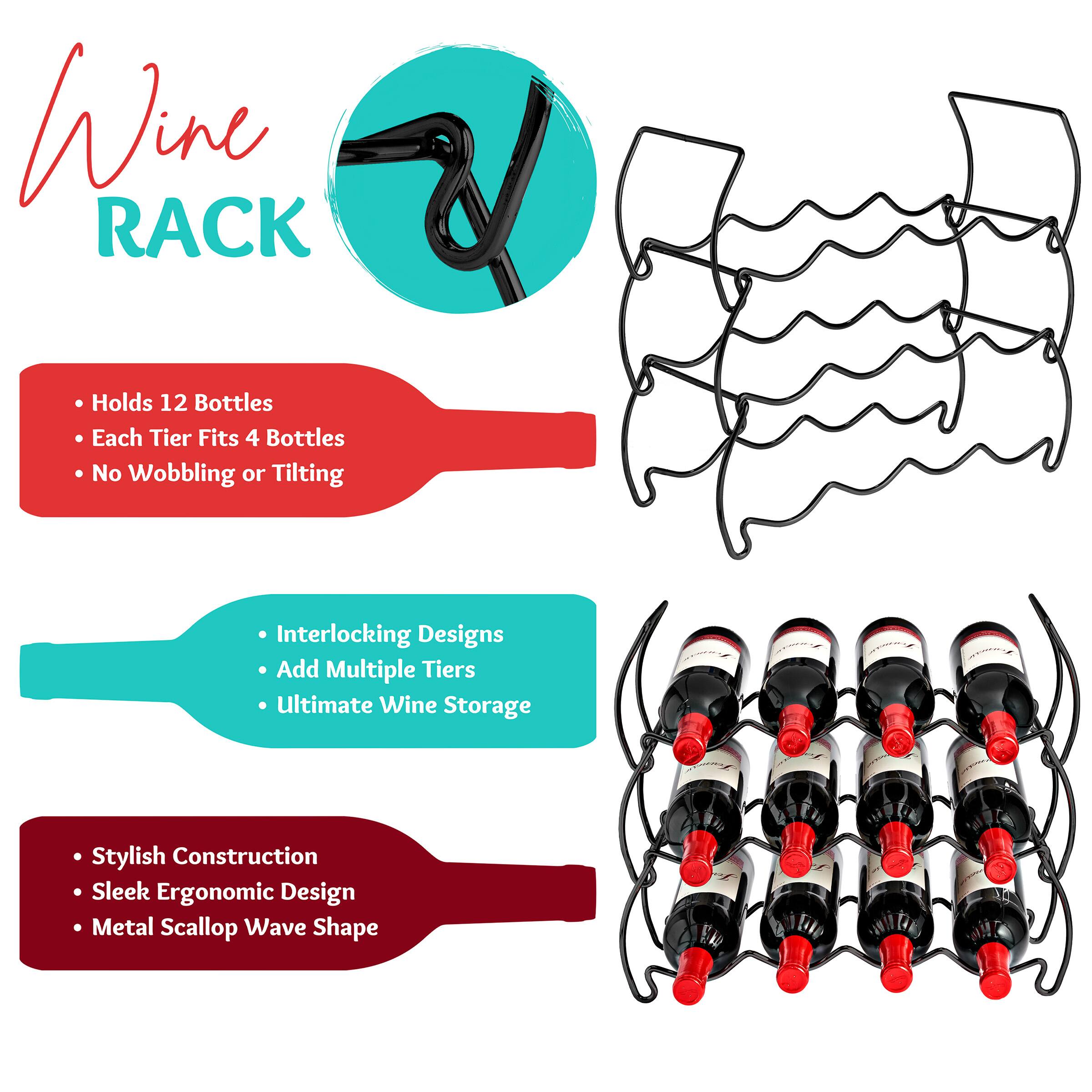 Wine RACK

- Holds 12 Bottles
- Each Tier Fits 4 Bottles
- No Wobbling or Tilting

- Interlocking Designs
- Add Multiple Tiers
- Ultimate Wine Storage

- Stylish Construction
- Sleek Ergonomic Design
- Metal Scalloped Wave Shape