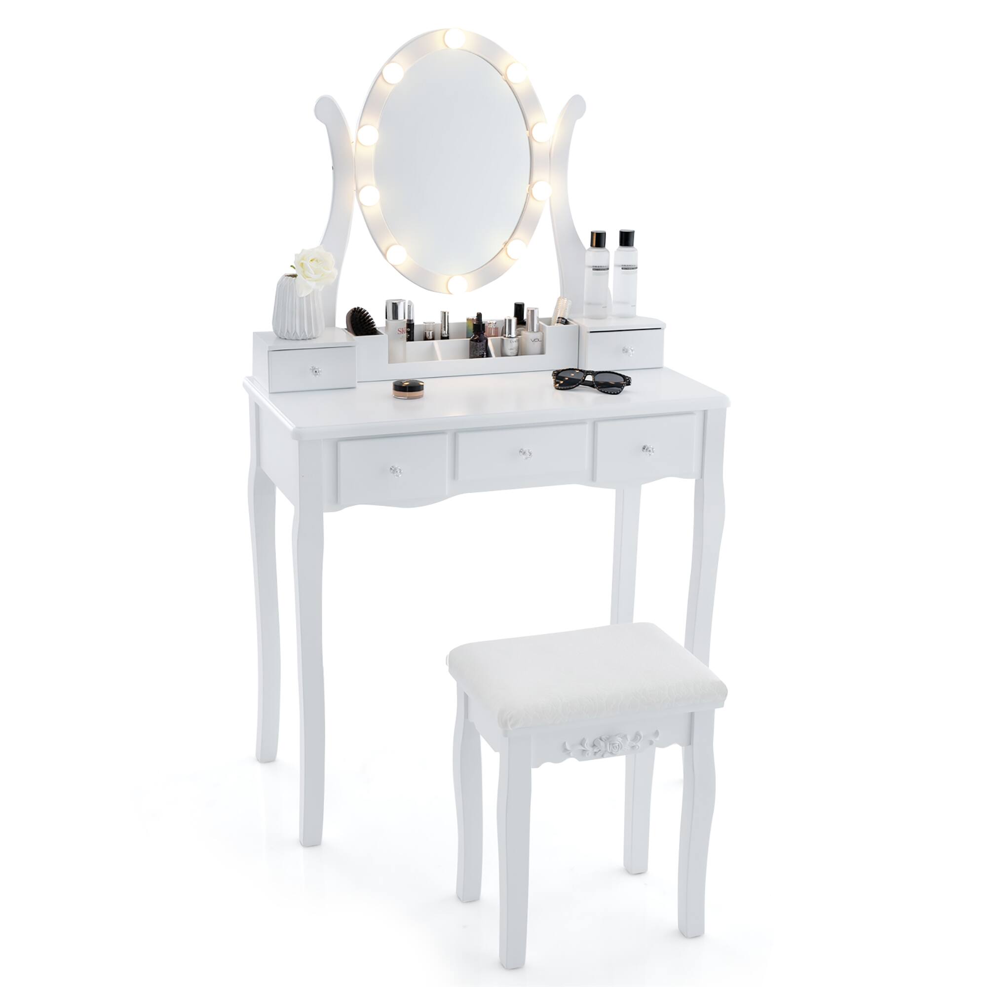 Alt View 9. Gymax - Gymax Vanity Desk Set w/ Lighted Mirror Makeup Table Vanity Dresser w/ 10 LED Light Bulbs White - White.