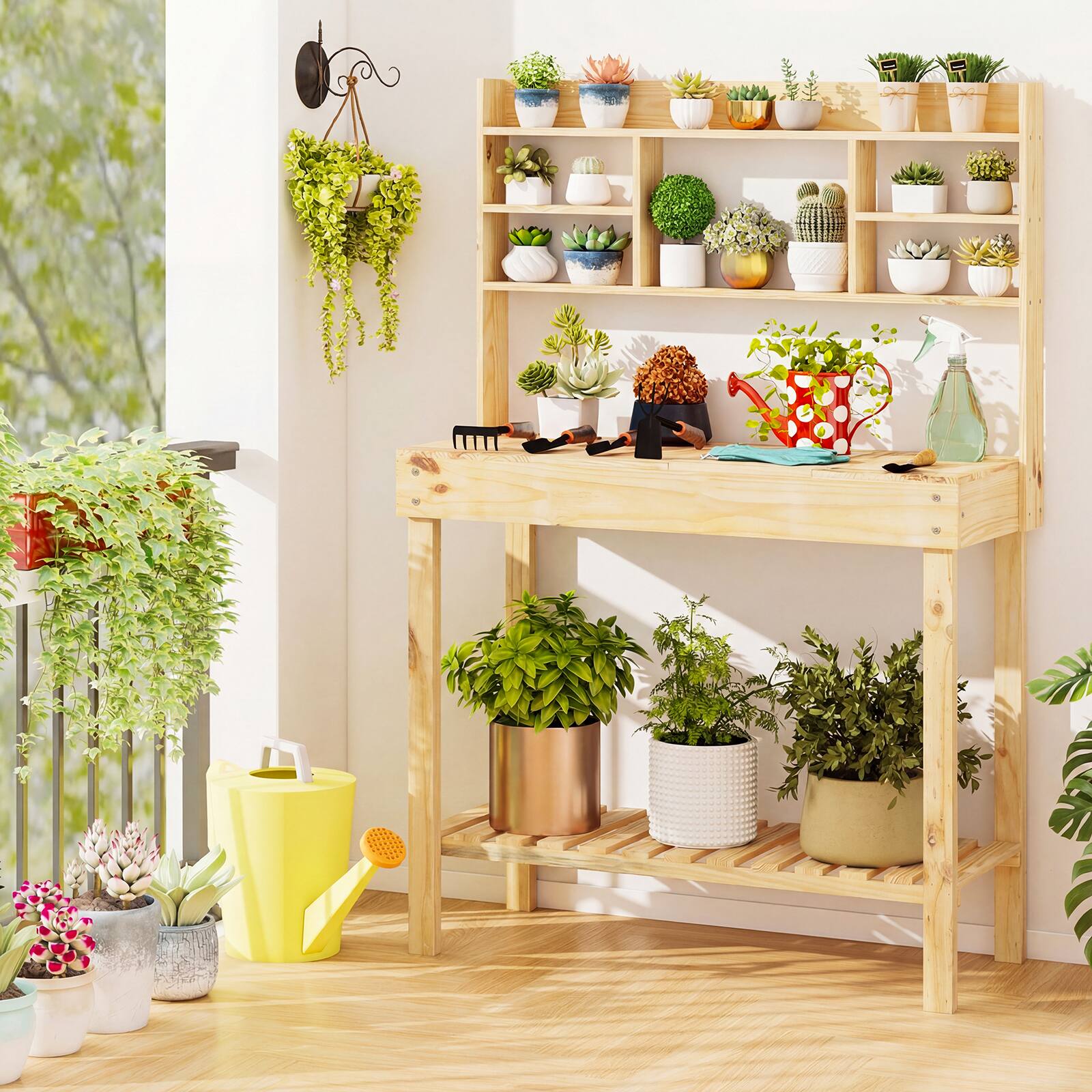 Alt View 4. Costway - Potting Bench Table Wooden Garden Work Bench Platform with Display Rack Hidden Sink - Natural.