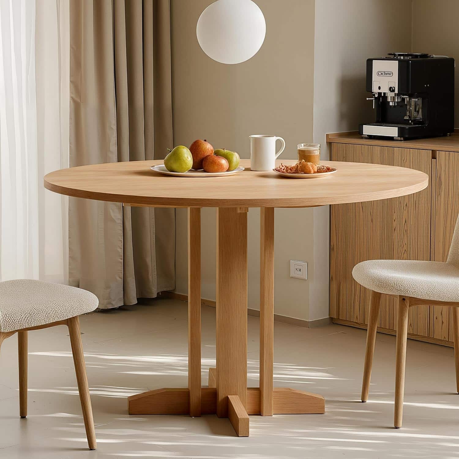 Acanva - Small Round Dining Table for 4 Person, MDF Top and Sturdy Wood Base Structure, Modern Design for Kitchen - Natural Oak