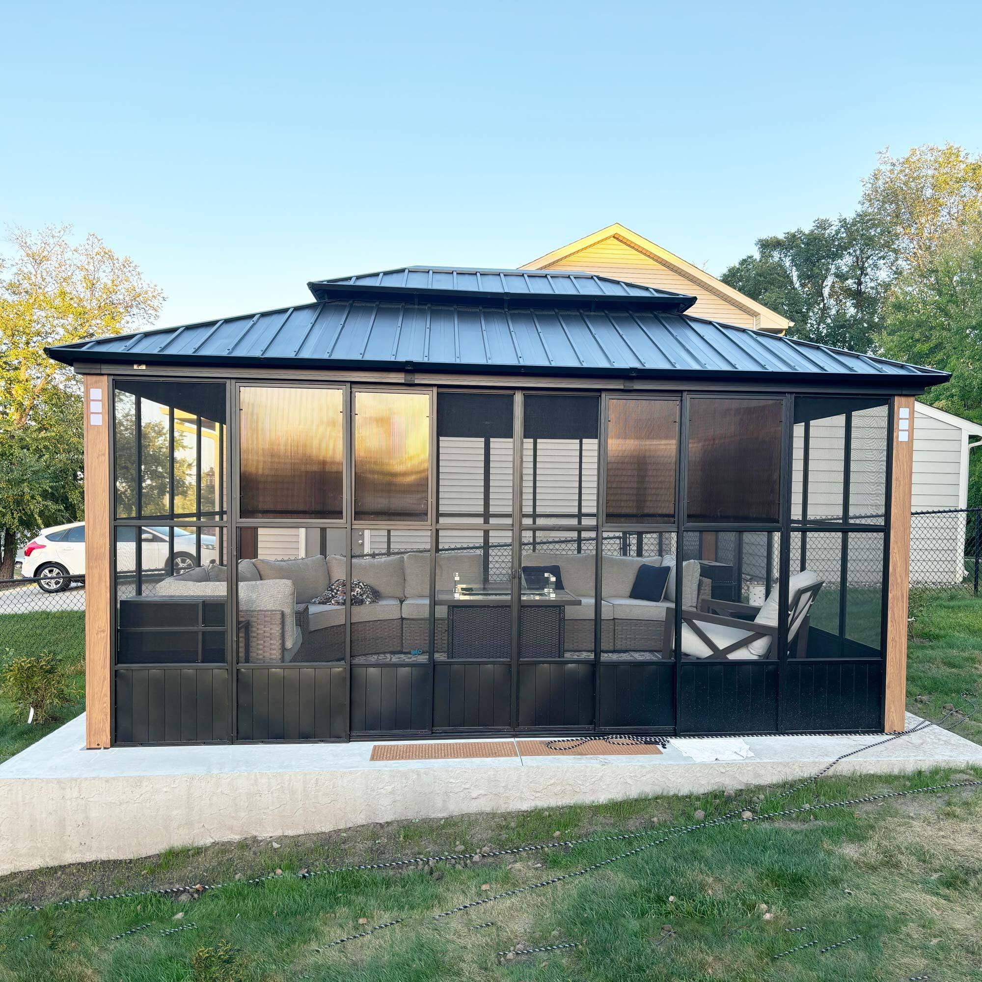 Angle. PURPLE LEAF - Sunroom Outdoor Hardtop Gazebo  Wood Grain Aluminum Frame Galvanized Steel Double Roof All-Weather Screen House - 12' X 16'.