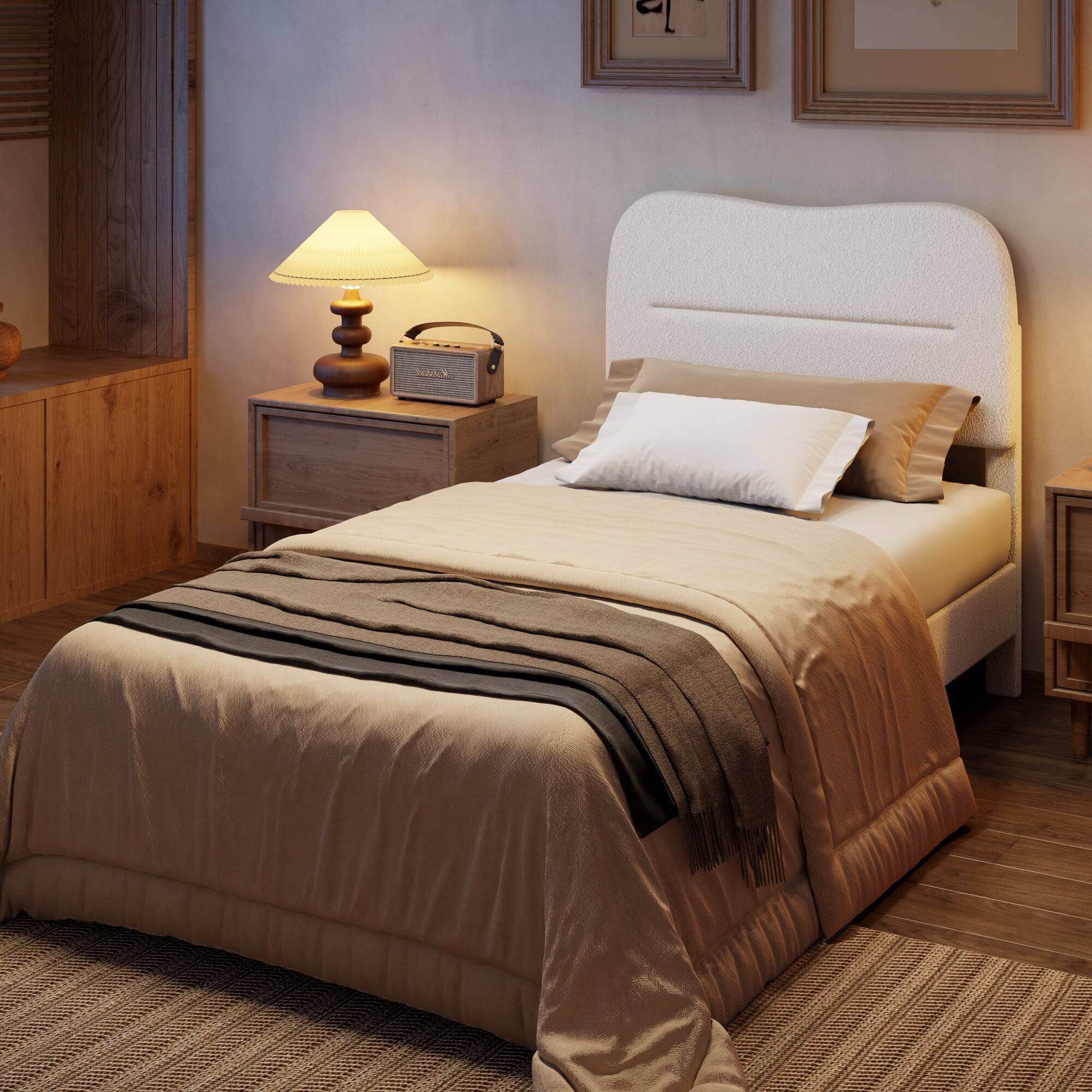 Back. Furnulem - Bed Frame With Teddy Velvet Soft Curved Headboard Platform Bed With Wooden Slats Support - White.