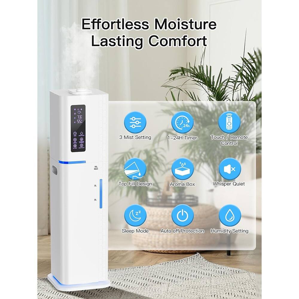 Effortless Moisture Lasting Comfort

- 3 Mist Settings
- 1-24H Timer
- Touch / Remote Control
- Top Fill Design
- Aroma Box
- Whisper Quiet
- Sleep Mode
- Auto off Protection
- Humidity Setting