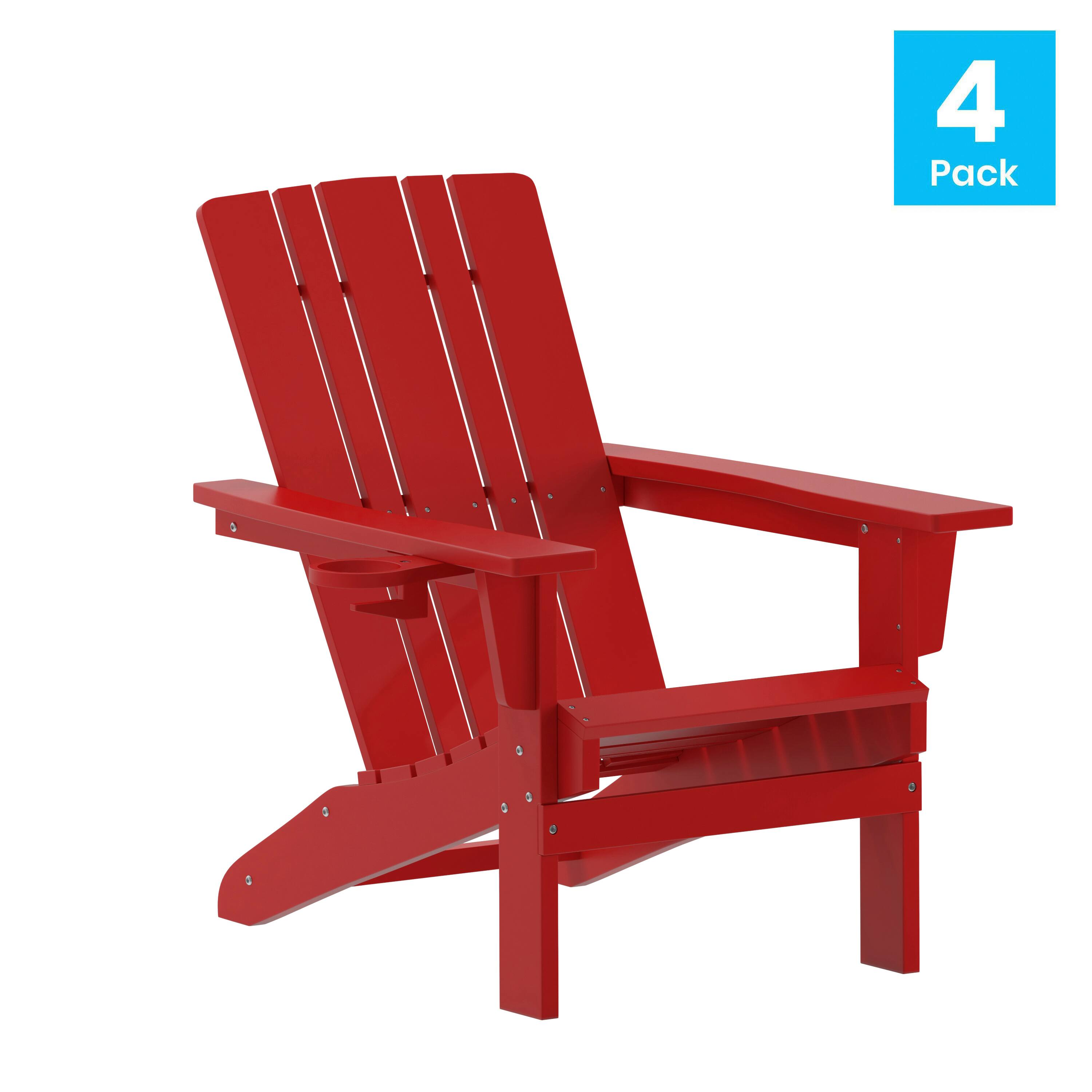 Alt View 1. Emma + Oliver - Haley Set of 4 Adirondack Chairs with Cup Holders, Weather Resistant HDPE Adirondack Chairs - Red.