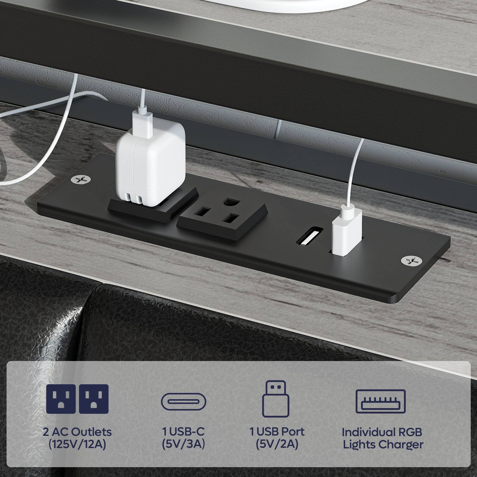 2 AC Outlets (125V/12A)  
1 USB-C (5V/3A)  
1 USB Port (5V/2A)  
Individual RGB Lights Charger