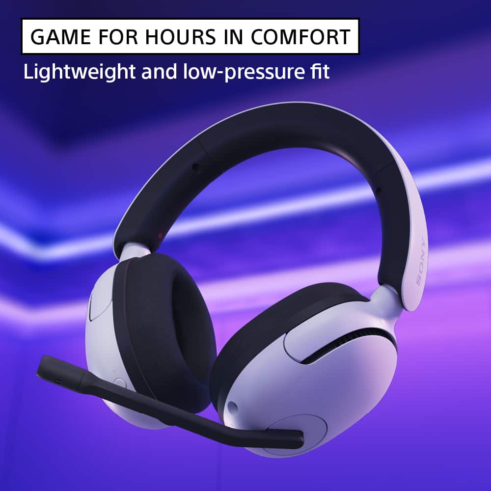 The text on the image reads "Game for hours in comfort lightweight and low-pressure fit Sony." This text is grouped and corrected as follows:
"Game for hours in comfort with a lightweight and low-pressure fit from Sony."