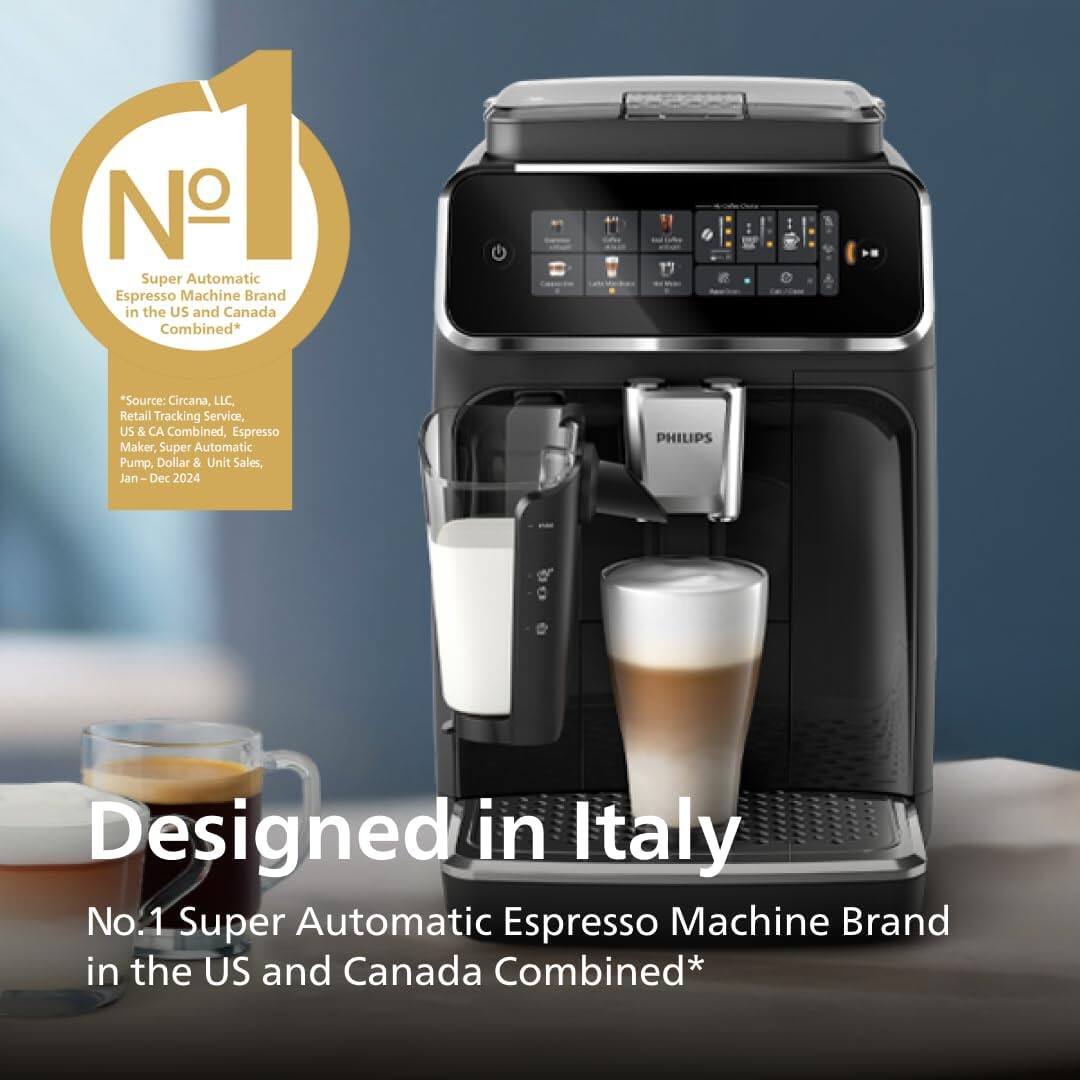 Super Automatic Espresso Machine Brand in the US and Canada Combined*  
17:1  
Source: Circana, LLC Retail Tracking Service, US & CA Combined, Espresso Maker, Super Automatic Pump, Dollar & Unit Sales, Jan-Dec 2024  

PHILIPS  
Designed in Italy  

No.1 Super Automatic Espresso Machine Brand in the US and Canada Combined*  

*Source: Circana, LLC Retail Tracking Service, US & CA Combined, Espresso Maker, Super Automatic Pump, Dollar & Unit Sales, Jan-Dec 2024