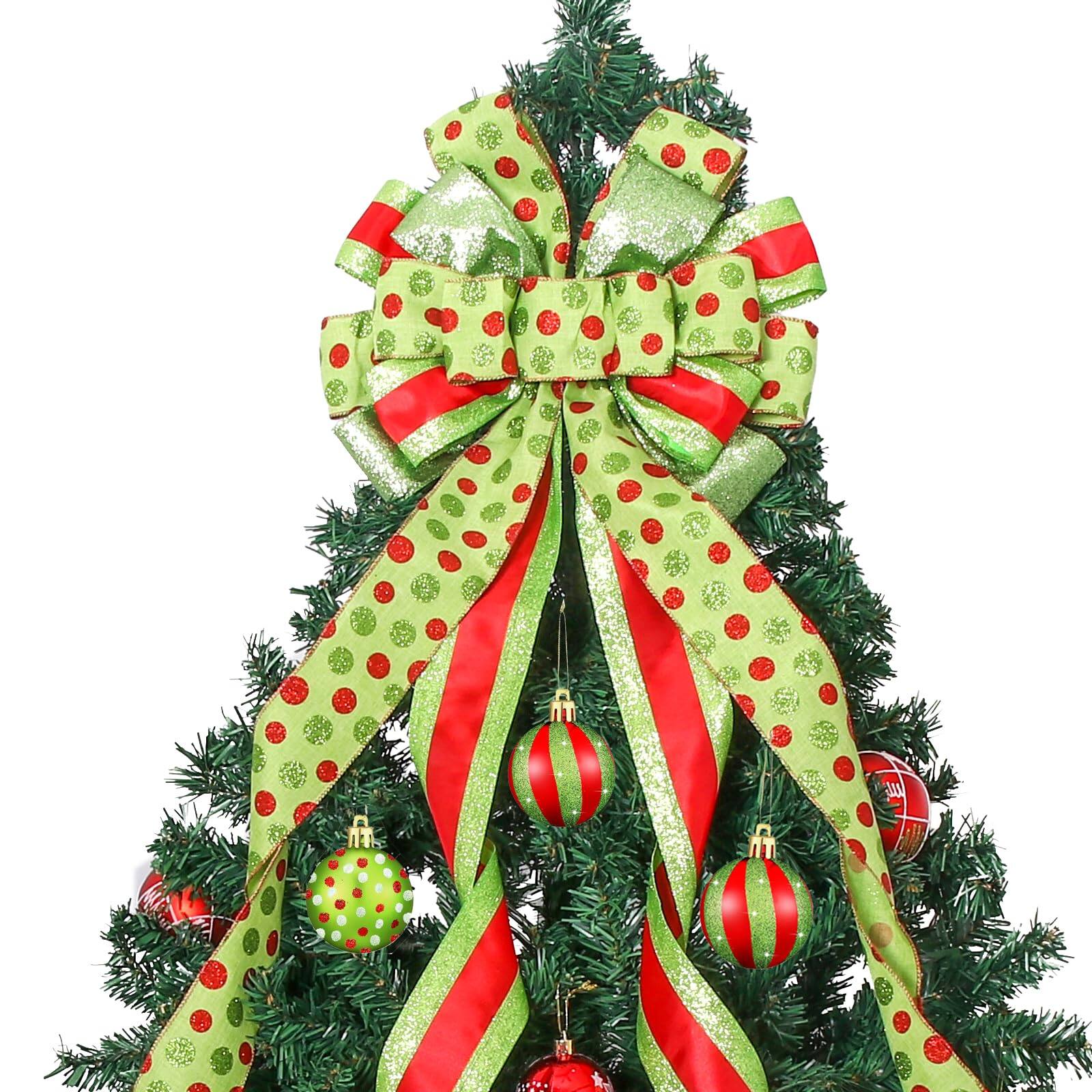 Front. PARKER SLATER - Christmas Tree Topper Wreath Bow Large Green Red Dot Polyester Gift Bows For Xmas Ornament Holiday Home - Lightgreen Dots.