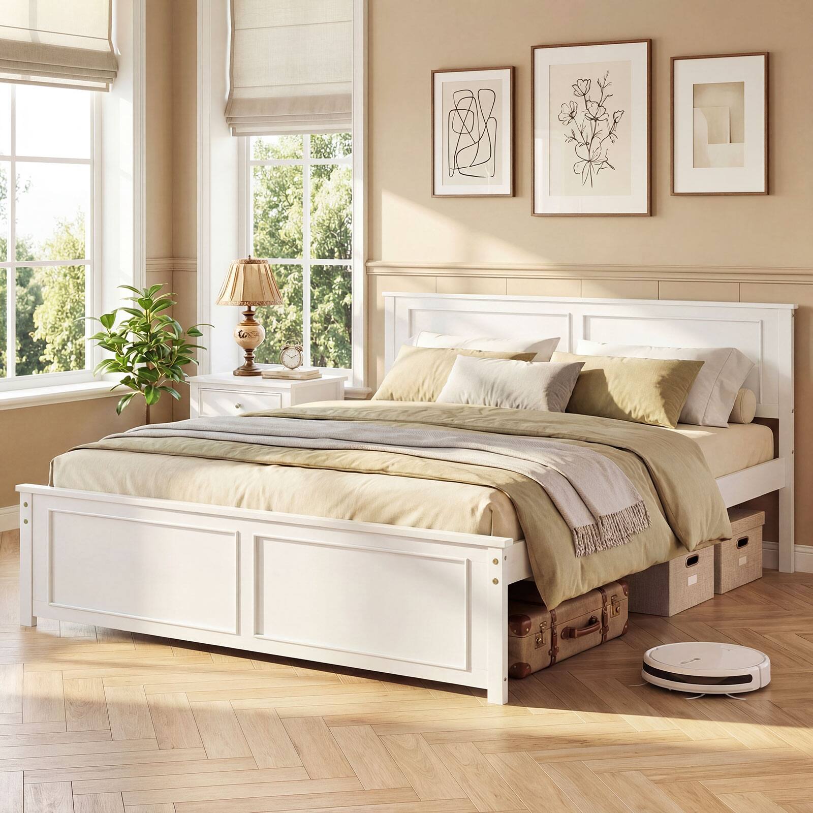 Alt View 4. Gymax - Gymax Queen Size Bed Frame Farmhouse Wooden Platform Bed w/ Headboard White - White.