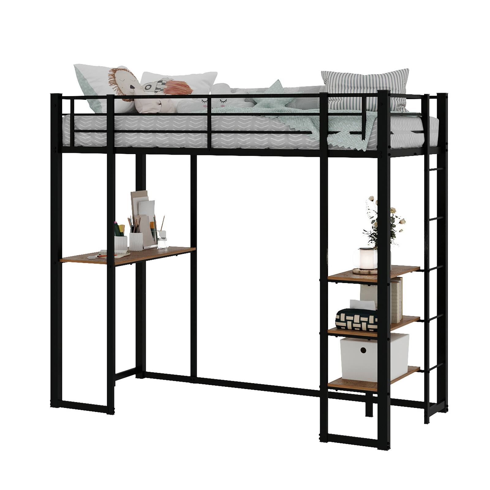 Alt View 9. Loheer - Loheer Twin Loft Bed with Desk and Storage Shelves Modern Black Metal Wood Space Saving Frame - Black.