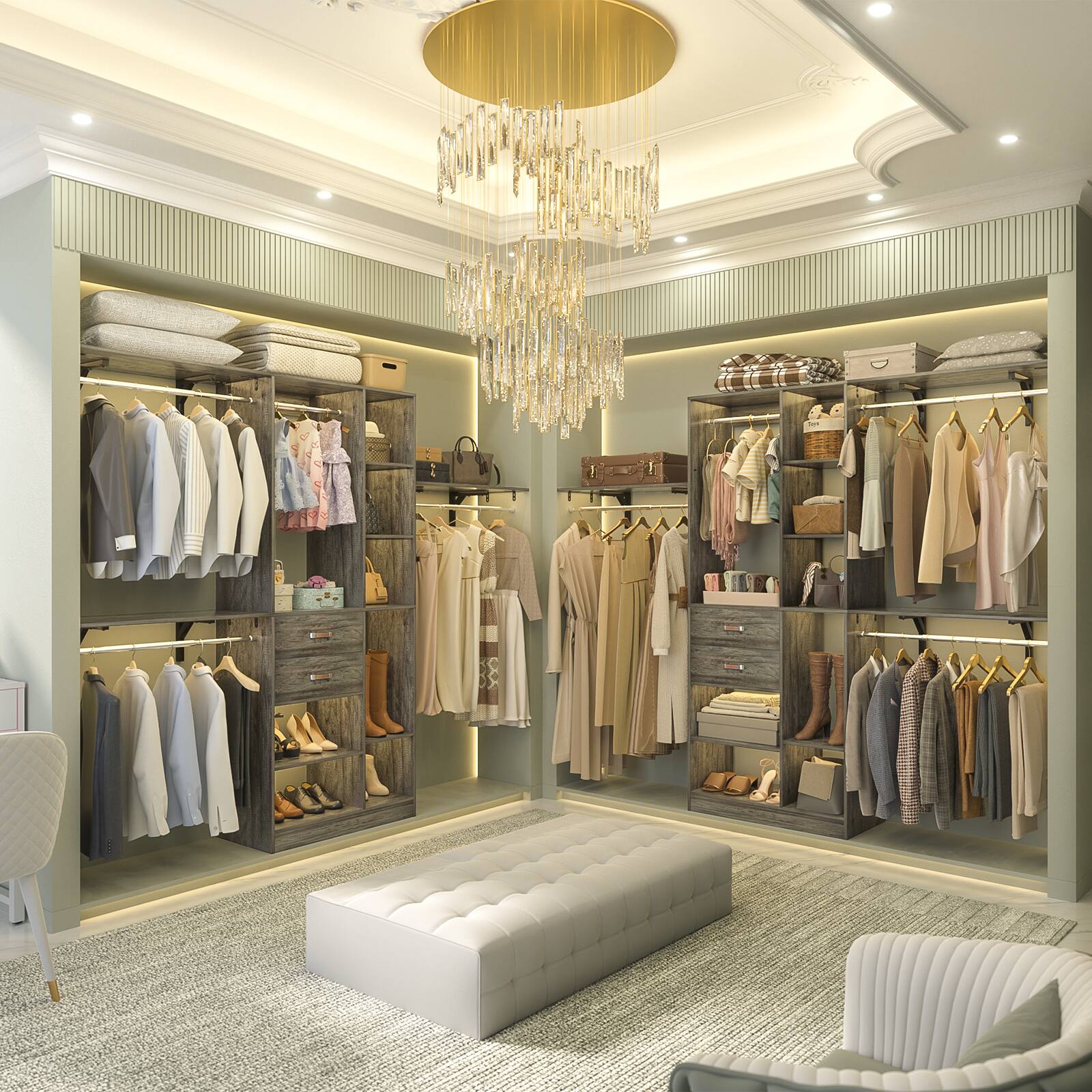 Alt View 1. Aheaplus - Upgraded 96'' Closet System with 13 Storage Shelves, 8FT Open Wardrobe System with 2 Wooden Drawers & 4 Hanging Rods - Gray Oak.